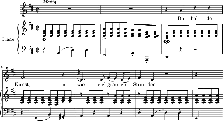 
\version "2.14.2"
\header {
  tagline = ##f
}
%%%% Schubert, An die Musik D547 / début

%%%%%% VOIX %%%%%
melody = \relative c'' {
  \clef treble
  \key d \major
  \time 2/2
  \tempo 4 = 72
  \set Staff.midiInstrument = #"orchestral harp"
  \override TupletBracket #'bracket-visibility = ##f

   s4*0^\markup { \italic "Mäßig" } R1*2 r4 a4 d d fis,2. b4
   \acciaccatura b8 d,4. d8 fis[( e)] d[( e)] fis4 d r2 r4 s4

}

text = \lyricmode {
  Du hol- de Kunst, in wie- viel grau- en- Stun- den,
}

%%%%%% PIANO %%%%%
upper = \relative c' {
  \clef treble
  \key d \major
  \time 2/2
  < fis d a >8\p q q q q q q q
  < a d, a >8-> q q q < g cis, a > q < e cis a g > q
  < d a fis >8\pp < fis d a > q q q q q q  | q q q q < fis d fis, > q < fis d b > q
  % ms. 5
  r8 < fis d a >8 q q r8 < g cis, a > q q
  r8 < fis d a >8 q q q q q q
  < a d, a >8 q q q

}

lower = \relative c {
  \clef bass
  \key d \major
  \time 2/2

   r4 a4( d) d-. fis,2 a4-. a,-. d r4 r2 
   r4 fis( b) gis-. a r4 a r4 d-. a( d) d-. fis,2

}

\score {
  <<
    \new Voice = "mel" { \autoBeamOff \melody }
    \new Lyrics \lyricsto mel \text
    \new PianoStaff <<
    \set PianoStaff.instrumentName = #"Piano"
      \new Staff = "upper" \upper
      \new Staff = "lower" \lower
    >>
  >>
  \layout {
    \context { \Staff \RemoveEmptyStaves }
     \context { \Score \remove "Metronome_mark_engraver" }
  }
  \midi { }
}
