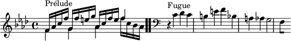 
\version "2.18.2"
\header {
  tagline = ##f
}

\score {
  \new Staff \with {
%fontSize = #-2
  }
<<
  \relative c' {
    \key f \minor
    \time 4/4

     %% INCIPIT CBT I-12, BWV 857, fa mineur
     << { s4*0^\markup{Prélude} f16 aes c f g, f' e g aes, c f e f4 } \\ { f,4 g aes f'16 c bes aes } >> \bar ".."

     \skip 8*1
     \override Staff.Clef.extra-offset = #'( -1 . 0 )
      \clef bass
     \relative c' { r4^\markup{Fugue} c4 des c b e f bes, a aes g2 
{ 
 % suppression des warnings :
 #(ly:set-option 'warning-as-error #f)
 #(ly:expect-warning (_ "stem does not fit in beam")) %% <= à traduire éventuellement
 #(ly:expect-warning (_ "beam was started here")) %% <= à traduire éventuellement
  \set stemRightBeamCount = #1
  f4*1/2[ s]
}
    }
  }
>>
  \layout {
     \context { \Score \remove "Metronome_mark_engraver" 
     \override SpacingSpanner.common-shortest-duration = #(ly:make-moment 1/2) 
   }
  }
  \midi {}
}
