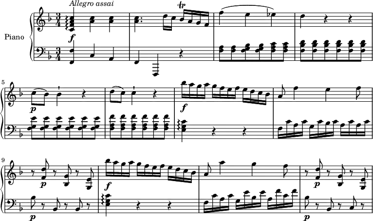 
\version "2.18.2"
\header {
  tagline = ##f
}
upper = \relative c' {
  \clef treble 
  \key f \major
  \time 3/4
  \tempo "Allegro assi"
  \tempo 4 = 140

   <c f a c>4 \arpeggio \f ^\markup{ \italic { Allegro	assai} } <a' c> <a c>
   <a c>4. d16 c bes\trill a g f
   f'4 (e ees)
   d r r
   c8  \p (bes) bes4-! r
   d8 (c) c4-! r
   bes'16\f a g a g f e f e d c bes
   a8 f'4 e f8
   r <f, d'>\p r <bes, g'> r <g e'>
   bes''16\f a g a g f e f e d c bes
   a8 a'4 g f8
   r <f, d'>\p r <bes, g'> r <g e'>
}

lower = \relative c {
  \clef bass
  \key f \major
  \time 3/4
  \set Staff.midiMinimumVolume = #0.2 \set Staff.midiMaximumVolume = #0.5
  <f, f'>4 c' a f f, r
  <f'' a>8 <f a> <f g bes> <f g bes> <f a c> <f a c>
  \repeat unfold 6 {<f bes d>} \repeat unfold 6 {<f g e'>} \repeat unfold 6 {<f a f'>}
  <e g c>4 \arpeggio r r
  f16 c' a c g c bes c a c a c
  bes8\p r bes, r bes r
  <e g c>4 \arpeggio r r
  f16 c' a c g e' bes e a, f'  c f
  bes,8 \p r bes, r c r
} 

\score {
  \new PianoStaff <<
    \set PianoStaff.instrumentName = #"Piano"
    \new Staff = "upper" \upper
    \new Staff = "lower" \lower
  >>
  \layout {
    \context {
      \Score
      \remove "Metronome_mark_engraver"
    }
  }
  \midi { }
}
