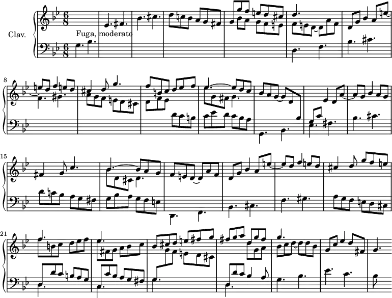 
\version "2.18.2"
\header {
  tagline = ##f
}

temaCrossK   = { \change Staff = "lower" g,4. bes \change Staff = "upper" ees fis bes cis d8 c! bes a g fis }
tema         = { g,4. bes ees fis bes cis d8 c! bes a g fis }
temaCr       = { g,4. bes ees fis bes }
comesCrossK  = { d4. f bes cis \stemDown \change Staff = "upper" f gis a8 g f e d cis }
comes        = { d,4. f bes cis f gis a8 g f e d cis }

upper = \relative c'' {
  \clef treble 
  \key g \minor
  \time 6/8
  \tempo 4. = 60
  \set Staff.midiInstrument = #"harpsichord"

    \change Staff = "upper" s16*0^\markup{Fuga, moderato}
    \temaCrossK << { g8 g' f e d cis | d4. } \\ { s8 bes8 a g f e | f e d~ d a'f } >> | \stemUp d8 g bes4 a8 e'~ |
    % ms. 8
    e8 d f4 e8 d | cis4 d8 g4. | f8 b, c d ees f | << { \mergeDifferentlyDottedOn ees4.~ ees8 d c } \\ { ees8 g, fis g4. } >> | bes8 a g~ g d \change Staff = "lower" bes g8 c \change Staff = "upper" ees4 d8 a'~ |
    % ms. 14
    a8 g  bes4 a8 g fis4 g8 c4. | << { bes4.~ bes8 a g } \\ { bes8 d, cis d4. } >> | f8 e d~ d a' f | d8 g bes4 a8 e'~ | e d f4 e8 d |
    % ms. 20 
    cis4 d8  g f e | << { f4. s4. ees } \\ { f8 b,c d ees f | ees8 fis, g a bes c } >> | bes8 cis d e fis g | fis g a  << { d,8 g fis | g4. } \\ { d8 g, a bes c d~ d d bes } >> |
    % ms. 26
    g8 c ees4 d8 fis, | g4.

}

lower = \relative c {
  \clef bass
  \key g \minor
  \time 6/8
  \set Staff.midiInstrument = #"harpsichord"

    % *****************************
    s2.*5  \comesCrossK d8 f ees \change Staff = "lower" d c b | c ees d c bes a  |
    % ms. 12
    \tema | g bes a g f e |
    % ms. 16
    \comes
    % ms. 21
    << { d8 d' c b a g | c, c' bes a g fis | g \stemDown \change Staff = "upper" g' f e d cis | \stemUp \change Staff = "lower" d,8 d' c bes4 a8 } \\ { \mergeDifferentlyDottedOn d,4. s4. c4. s4. g'4. s4. d4.  } >> | g4. bes |
    % ms. 26
    ees4. c | bes8

} 

thePianoStaff = \new PianoStaff <<
    \set PianoStaff.instrumentName = #"Clav."
    \new Staff = "upper" \upper
    \new Staff = "lower" \lower
  >>

\score {
  \keepWithTag #'print \thePianoStaff
  \layout {
      #(layout-set-staff-size 17)
    \context {
      \Score
     \override SpacingSpanner.common-shortest-duration = #(ly:make-moment 1/2)
      \remove "Metronome_mark_engraver"
    }
  }
}

\score {
  \keepWithTag #'midi \thePianoStaff
  \midi { }
}
