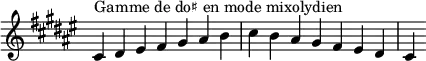  {
\override Score.TimeSignature #'stencil = ##f
\relative c' {
  \key cis \mixolydian
  \clef treble \time 7/4
  cis4^\markup { Gamme de do♯ en mode mixolydien } dis eis fis gis ais b cis b ais gis fis eis dis cis
} }
