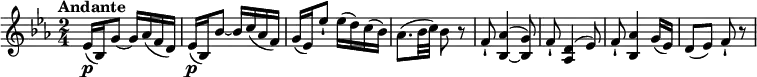 
\relative c'' {
  \version "2.18.2"
    \key ees \major
    \time 2/4
    \tempo "Andante" 
   ees,16\p (bes) g'8~ g16 aes (f d)
   ees16\p (bes) bes'8~ bes16 c (aes f)
  g (ees) ees'8-! ees16 (d) c (bes)
  aes8. (bes32 c) bes8 r8
  f-! << {bes,4  ~ bes8} { aes'4 ^ (g8)} >>
  f8-! <aes, d>4 ^(ees'8)
  f8-! <bes, aes'>4 g'16 (ees)
  d8 (ees) f-! r8
  }
