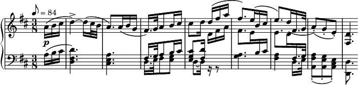 
\version "2.18.2"
\header {
  tagline = ##f
}
upper = \relative c'' {
  \clef treble 
  \key d \major
  \time 3/8
  \tempo 8 = 84

   %%Schubert — Fantaisie D.894 mvt 2, Andante
   \partial 8. a16(\p b cis d4~)-> d16[( cis32 b] a8.) a16( b g fis16.) g32 a8 b16 cis cis8[ d16]
   \stemUp d16^( fis a fis8.) e16^( b cis e8.)  d16( fis,16. g32 a8)(-. g-. e-.) 
   \crossStaff { < d fis, >8. }

}

lower = \relative c {
  \clef bass
  \key d \major
  \time 3/8

   a'16( b cis < d fis, d >4.) < a e cis > 
   << { fis16. g32 a8 b16 cis < cis g e >8[ < d fis, >16] \stemDown \change Staff = "upper" d16( fis a } \\ { d,,16. e32 fis8 < g e >8 d~ d16 r16 r8 } >>
   
   << { \stemDown \change Staff = "upper" fis'8.) e16 \stemUp \change Staff = "lower" b cis \stemDown \change Staff = "upper"  e8. d16  \stemUp \change Staff = "lower"  fis,16. g32 } \\ { < g a >4. < a fis >4 d,16. e32 < a fis a, >8-.( < g e a, >-. < e cis a >-.) < d d, >8. } >>
}

  \header {
    piece = ""
  }

\score {
  \new PianoStaff <<
    \new Staff = "upper" \upper
    \new Staff = "lower" \lower
  >>
  \layout {
    \context {
    \PianoStaff
    %\consists #Span_stem_engraver
      
    }
  }
  \midi { }
}
