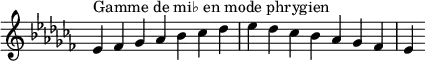  {
\override Score.TimeSignature #'stencil = ##f
\relative c' {
  \key es \phrygian
  \clef treble \time 7/4
  es4^\markup { Gamme de mi♭ en mode phrygien } fes ges aes bes ces des es des ces bes aes ges fes es
} }
