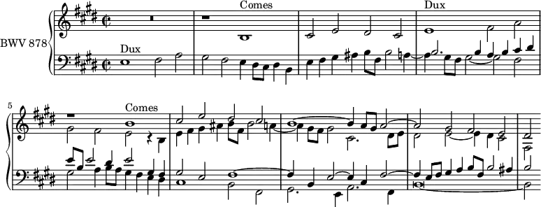 
\version "2.18.2"
\header {
  tagline = ##f
}

Dux           = { e1^\markup{Dux} fis2 a gis fis }
DuxDim        = { e2^\markup{Dux diminué} fis4 a gis fis } % mes. 27
Comes         = { b1^\markup{Comes} cis2 e dis cis }
ComesDim      = { b2^\markup{Comes diminué} cis4 e dis cis } 
ContreSujetMi = { e4 fis gis ais b8 fis b2 a4~ a } % mes. 3 et 6
ContreSujetLa = { a4 b cis dis e8 b e2 dis4 \tag #'print e2 \tag #'midi r2 } % mes. 4 en raison du double mi (plus fort en midi)

upper = \relative c' {
  \clef treble 
  \key e \major
\override Staff.TimeSignature #'stencil = #ly:text-interface::print
\override Staff.TimeSignature #'text = \markup \musicglyph #"timesig.C22"
  \time 4/2
  \tempo 2 = 60
  \set Staff.midiInstrument = #"harpsichord" 

   %% FUGUE CBT II-9, BWV 878, mi majeur
   R1*2 r1 \Comes 
   << {  s1*2 r1 \relative c'' \Comes b'1~ b4 a8 gis a2~ | a gis fis e | dis } \\ { \relative c' \Dux e2 r4 b4 \ContreSujetMi gis8 fis gis2 cis,2. dis8 e dis2 e~ e4 dis cis2 fis, } >>

}

lower = \relative c {
  \clef bass 
  \key e \major
\override Staff.TimeSignature #'stencil = #ly:text-interface::print
\override Staff.TimeSignature #'text = \markup \musicglyph #"timesig.C22"
  \time 4/2
  \set Staff.midiInstrument = #"harpsichord" 
    
   \Dux << { s1*3 b2. b4 \ContreSujetLa gis,4 fis gis2 e fis1~ fis4 b,4 e2~ e4 cis4 fis2~ fis4 e8 fis gis4 a  b8 fis b2 ais4 b2 } \\ { e,4 dis8 cis dis4 b \ContreSujetMi gis8 fis gis2~ gis fis gis a4 b8 a gis4 fis e dis 
   cis1 b2 fis gis2. e4 a2. fis4 b\breve~ b2} >>
    
} 

 thePianoStaff = \new PianoStaff <<
    \set PianoStaff.instrumentName = #"BWV 878"
    \new Staff = "upper" \upper
    \new Staff = "lower" \lower
  >>

\score {
  \keepWithTag #'print \thePianoStaff
  \layout {
    \context {
      \Score
      \remove "Metronome_mark_engraver"
      \override SpacingSpanner.common-shortest-duration = #(ly:make-moment 1/2) 
    }
  }
}

\score {
  \keepWithTag #'midi \thePianoStaff
  \midi { }
}
