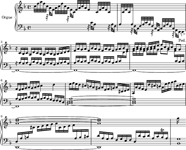 
\version "2.18.2"
\header {
  tagline=##f
  % composer="Johann Pachelbel"
  % opus=""
  % meter=""
}

%% les petites notes
trillBesqq   ={ \tag #'print { bes16\trill } \tag #'midi { \times 2/3 { bes32 a bes } } }

upper=\relative c'' {
  \clef treble
  \key f \major
  \time 4/4
  \tempo 4=78
  \set Staff.midiInstrument=#"church organ"
  \override TupletBracket.bracket-visibility=##f

      c32 f a f c s32 s16 a32 c f c a s32 s16 f32 a c a f s32 s16 c32 f a f c s32 s16| \stemUp  \change Staff="lower" a32  \change Staff="upper"  c f c \stemUp  \change Staff="lower"   a s32 s16 f32 a c a f s32 s16 c32 f a f c s32 s16 s4|\stemNeutral  \change Staff="upper" 
      % ms. 3
      r16 c'16 bes c a d c bes a c bes a bes c d e|f a g a f bes a g f a g f g a bes g|\stemUp a c bes a bes c d e f c bes c a8 g \stemNeutral|
      % ms. 6
      f16 e f g a g a bes c4 d|e16 f e d cis b a gis a e f g a cis, d e|a, a' g f e d' cis b a e' f g a cis, d e|
      % ms. 9
      < a, d f >1^~ q|g'16

}

lower=\relative c' {
  \clef bass
  \key f \major
  \time 4/4
  \set Staff.midiInstrument=#"church organ"
  \override TupletBracket.bracket-visibility=##f

    % ************************************** 
      \stemDown \change Staff="upper"  s8 r32 a'32 f16 s8 r32 f32 c16 \stemNeutral \change Staff="lower" s8 r32 c32 a16 s8 r32 a32 f16|s8 r32  f32 c16 s8 r32 c32 a16 
      % ms. fin 2…
      << { s2 r16 a'16 g a  f bes a g  f a g f  g a bes g|a c bes c a d c bes a  c bes a bes c \stemDown \change Staff="upper" d16 e|f a g f g a bes g a8 g f16 \stemUp \change Staff="lower" c16 bes c|
      %. ms. 6
      a16 g a bes c bes c g a bes a g f f e d }
      \\ { s8 r32 a32 f16~_\markup{Ped.} f4~|f1~ f~ f~ f~ } >>
      % ms. 7
      < cis' e a >1~ q 
      % ms. 9
      << { d16 a' b \stemDown \change Staff="upper" cis d e f g a cis, d e f \stemUp \change Staff="lower" a,16 b cis|d a g a f g e f d d' c d a c \trillBesqq a16 } \\ { d,,1~ d } >>|< bes' g' >1*1/8


}

thePianoStaff=\new PianoStaff <<
    \set PianoStaff.instrumentName=#"Orgue"
    \new Staff="upper" \upper
    \new Staff="lower" \lower
  >>

\score {
  \keepWithTag #'print \thePianoStaff
  \layout {
      #(layout-set-staff-size 17)
    \context {
      \Score
     \override SpacingSpanner.common-shortest-duration=#(ly:make-moment 1/2)
      \remove "Metronome_mark_engraver"
    }
  }
}

\score {
  \keepWithTag #'midi \thePianoStaff
  \midi { }
}

