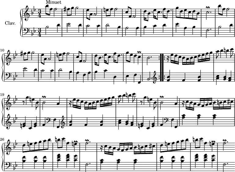 
\version "2.18.2"
\header {
  tagline = ##f
}

%% les petites notes
trillC      = { \tag #'print { c2.\prall } \tag #'midi { d32 c d c d c~ c16~ c2 } }
trillF      = { \tag #'print { f2.\prall } \tag #'midi { g32 f g f g f~ f16~ f2 } }
trillCq     = { \tag #'print { c4\prall } \tag #'midi { d32 c d c d c~ c16 } }
trillEq     = { \tag #'print { e4\prall } \tag #'midi { f32 e f e f e~ e16 } }
trillBes    = { \tag #'print { bes2\prall } \tag #'midi { c32 bes c bes c bes~ bes16~ bes4 } }

upper = \relative c'' {
  \clef treble 
  \key bes \major
  \time 3/4
  \tempo 4 = 120
  \set Staff.midiInstrument = #"harpsichord"


     bes'8^"Minuet" f f2 | fis8 g g2 | ees8 a, a2 | e'8 f f2 | c8 f, f2 | d'16 bes8. ees16 c8. f16 d8. |
     % ms. 7
     g8 d ees c d bes | \trillC |  bes'8 f f2 | fis8 g g2 | ees8 a, a2 | e'8 f f2 | 
     % ms. 13
     c8 f, f2 | d'16 bes8. ees16 c8. f16 d8. | g8 ees d4 \trillCq | bes2.
     % ms. 17
     \repeat unfold 2 { r16 ees16 d c  bes a bes c d ees f g | a8 bes4 b c8 | r8 g4 e bes8 | \trillBes a4 } | 
     % ms. 25
     \repeat unfold 2 { r16 c16 bes a  g f g a  bes b c cis | d8 e f g a bes | b c f,4 \trillEq
     % ms. 28 et 32
     \trillF }

}

lower = \relative c' {
  \clef bass
  \key bes \major
  \time 3/4
  \set Staff.midiInstrument = #"harpsichord"

    % **************************************
\repeat volta 2 {
      bes2 d4 | ees2 d4 | c2 c4 | d2 bes4 | a2 a4 | bes c d | ees a, bes | f2. | bes2 d4 | ees2 d4 | c2 c4 | d2 bes4 | a f a | bes c d, | ees f f, | bes2. } \set Score.doubleRepeatType = #":..:"
     % ms. 17
\repeat volta 1 {
     \repeat unfold 2 { \clef treble < f'' bes >4 f <f bes > | < a c > < g bes > < f a > | < e g >4 c < e g > | f   \clef bass f, f, } | \repeat unfold 2 { < a' c >4 q q | < bes f' > q q | < c f a > q < c g' > f,2. }
      } \bar ""
     s8*0
}

thePianoStaff = \new PianoStaff <<
    \set PianoStaff.instrumentName = #"Clav."
    \new Staff = "upper" \upper
    \new Staff = "lower" \lower
  >>

\score {
  \keepWithTag #'print \thePianoStaff
  \layout {
      #(layout-set-staff-size 17)
    \context {
      \Score
     \override SpacingSpanner.common-shortest-duration = #(ly:make-moment 1/2)
      \remove "Metronome_mark_engraver"
    }
  }
}

\score {
  \keepWithTag #'midi \thePianoStaff
  \midi { }
}
