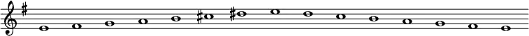 
\new Staff {
  \relative c' {
    \key e \minor
    \override Staff.TimeSignature #'stencil = ##f
    \override Staff.BarLine #'stencil = ##f
     e1 fis g a b cis dis e d c b a g fis e
  }
}
\midi {
  \context {
    \Score
    tempoWholesPerMinute = #(ly:make-moment 120 1)
  }
}
