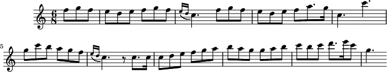 
\version "2.18.2"
\header {
  tagline = ##f
}

\score {
  \new Staff \with {

  }

%acciaccaturaed = { \tag #'print \acciaccatura { e16( d } c4.) \tag #'midi { e8 d } c4.) }

<<
  \relative c'' {
    \key c \major
    \time 6/8
    \override TupletBracket #'bracket-visibility = ##f
    \set Staff.midiInstrument = #"recorder"

     %%% Pep Ventura, Per tú ploro (prélude)
     \partial 4.
     f8 g f e d e f g f \acciaccatura { e16( d } c4.)  f8 g f e d e f a8. g16 | c,4. c' | g8 c b a g f | \acciaccatura { e16( d } c4.) r8 c8. c16 | c8 d e f g a b a g g a b | c b c d8. e16 c8 g4.

  }
>>
  \layout {
     \context { \Score \remove "Metronome_mark_engraver" }
  }
  \midi { \tempo 8 = 220 }
}
