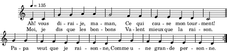 
\header {
  tagline = ##f
}

\score {
  \new Staff \with {
    \remove "Time_signature_engraver"
  }
<<

  \new Voice = "melody"
  \relative c'' {
    \key c \major
    \time 4/4
    \tempo 4 = 135
    \override TupletBracket #'bracket-visibility = ##f
    \autoBeamOff

     %%%%%%%%%%%%%%%%%%%%%%%%%% Ah vous dirais-je maman
     \repeat volta 2 {
     \partial 2
     c,4 c g' g a a g2 f4 f e e d d c2 \bar "||"

     g'4 g f f e e e d g g f f e e e d }

  }
    \new Lyrics \lyricsto "melody" {
      Ah! vous di -- rai -- je, ma -- man, Ce qui cau -- se mon tour -- ment! Pa -- pa veut que je rai -- son -- ne, Comme u -- ne gran -- de per -- son -- ne.
    }
    \new Lyrics \lyricsto "melody" {
      Moi, je dis que les bon -- bons Va -- lent mieux que la rai -- son.
    }

>>
  \layout {
    \context {
      \remove "Metronome_mark_engraver"
    }
  }
  \midi {}
}

