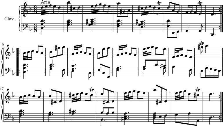 
\version "2.18.2"
\header { 
  tagline = ##f
  % composer = "Domenico Scarlatti"
  % opus = "K. 32"
  % meter = "Aria"
}

%% les petites notes
trillCisq     = { \tag #'print { cis8\trill } \tag #'midi { d64 cis d cis~ cis16 } }
trillEq       = { \tag #'print { e8\trill } \tag #'midi { f64 e f e~ e16 } }
trillGisqUp   = { \tag #'print { gis'8\trill } \tag #'midi { a64 gis a gis~ gis16 } }

upper = \relative c'' {
  \clef treble 
  \key d \minor
  \time 3/8
  \tempo 4. = 25
  \set Staff.midiInstrument = #"harpsichord"
  \override TupletBracket.bracket-visibility = ##f

\repeat volta 2 {
      s8*0^\markup{Aria}
      d32[ e f16] e8 d | bes'8 cis, d | e32[ f g16] f8 e | a8 gis, a | cis32[ d e16] d8 \trillCisq | d8 a g |
      % ms. 7
      f16 g f8 \trillEq | d4.
      }% reprise
\repeat volta 2 {
      % ms. 9
      a'32[ bes c16] bes8 a | bes fis' g | g,32[ a bes16] a8 g | a8 e' f | 
      % ms. 13
      f,32[ g a16] g8 f | e'32[ f g16] f8 e | d,32[ e f16] e8 d | \trillGisqUp a4 | a,32[ bes c16] bes8 a | bes cis, d |
      % ms. 19
      cis'32[ d e16] d8 \trillCisq | d8 cis, d | e'32[ f g16] f8 e | a8 cis,, d | e'32[ f g16] d8 \trillCisq | d4.
      }%reprise
}

lower = \relative c' {
  \clef bass
  \key d \minor
  \time 3/8
  \set Staff.midiInstrument = #"harpsichord"
  \override TupletBracket.bracket-visibility = ##f

\repeat volta 2 {
    % ************************************** \appoggiatura \repeat unfold 2 {  } \times 2/3 { }
      < d, a' d >4.-\tweak stencil ##f \p | < g bes d > | < g a cis e > | < f a d > | < e g a cis > | < f d' >8 f, g |
      % ms. 7
      a4 a8 | d,4.
      }% reprise
\repeat volta 2 {
      < d' a' d >4.-\tweak stencil ##f \p | << { < bes' d >4. | < g c > } \\ { g4 f8 | e4 c8 } >> | f8 c f, |
      % ms. 13
      < f' a >4. | << { bes8 d cis } \\ { g4 a8 } >> | bes4 f8 | e8 a16 g f e | < f a d >4. | < g bes >
      % ms. 19
      < a cis >4. | << { bes8 a bes } \\ { bes,4. } >> | < cis e a >4. | < d f a >8 e f | g a a, | d4. 
      }%reprise

}

thePianoStaff = \new PianoStaff <<
    \set PianoStaff.instrumentName = #"Clav."
    \new Staff = "upper" \upper
    \new Staff = "lower" \lower
  >>

\score {
  \keepWithTag #'print \thePianoStaff
  \layout {
      #(layout-set-staff-size 17)
    \context {
      \Score
     \override SpacingSpanner.common-shortest-duration = #(ly:make-moment 1/2)
      \remove "Metronome_mark_engraver"
    }
  }
}

\score {
  \unfoldRepeats
  \keepWithTag #'midi \thePianoStaff
  \midi { }
}
