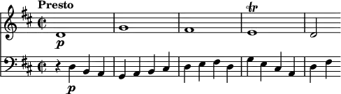 
<<
  \new Staff  
  \relative c' {
     \version "2.18.2"
     \key d \major
     \tempo "Presto"
     \time 2/2
   d1\p g fis e\trill d2
  } 
  \new Staff
  \relative c' {
    \clef bass
    \key d \major
    \time 2/2
   r4 d,4\p b a
   g a b cis 
   d e fis d
   g e cis a
   d fis  
  }
>>

