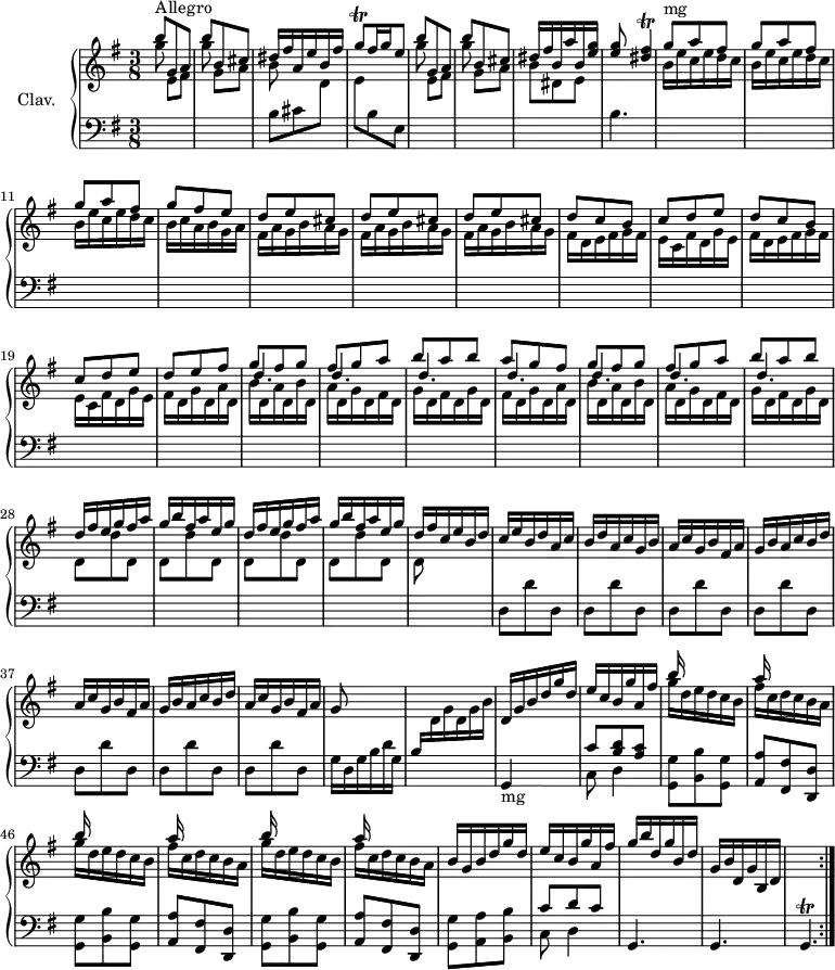 
\version "2.18.2"
\header {
  tagline = ##f
  % composer = "Domenico Scarlatti"
  % opus = "K. 15"
  % meter = "Allegro"
}

%% les petites notes
trillGisqUp     = { \tag #'print { g'8\trill } \tag #'midi { a32 g a g } }
trillFisAcc     = { \tag #'print { < dis fis >4\trill } \tag #'midi { << { g32 fis g fis~   \tempo 4. = 40 fis8 } \\ { dis4 } >>   \tempo 4. = 70 } }
trillGisp       = { \tag #'print { g4.\trill  } \tag #'midi { a32 g a g  a g~ \tempo 4. = 30 g8. \tempo 4. = 70 } }


upper = \relative c'' {
  \clef treble 
  \key e \minor
  \time 3/8
  \tempo 4. = 70
  \set Staff.midiInstrument = #"harpsichord"
  \override TupletBracket.bracket-visibility = ##f

  \repeat volta 2 {
      s8*0^\markup{Allegro}
      \stemUp b'8 g, a | b' b, cis | << { dis16 fis a, e' b fis' } \\ { b,8 } >> | \trillGisqUp fis16 g   \tempo 4. = 40 e8   \tempo 4. = 70 | b'8 g, a | b' b, cis |
      % ms. 7
      dis16 fis b, a' b, < e g > | < e g >8 \trillFisAcc | \repeat unfold 3 { \stemDown b16 e c e d c } | b16 c a b g a |
      % ms. 13
      \repeat unfold 3 { fis a g b a g } | \repeat unfold 2 { fis d e fis g fis | e c fis d g e } |
      % ms. 20
      \repeat unfold 2 { fis16 d g d a' d, | \repeat unfold 2 { b'16 d, a' d, } | \repeat unfold 2 { g16 d fis d } g d }% repet phrase  
      % ms. 28
      \stemUp  \repeat unfold 2 { d'16 fis e g fis a | g b fis a e g } | 
      % ms. 32
      d16 fis \repeat unfold 2 { c16 e b d } a c | b d \repeat unfold 2 { a c g b } fis a | \repeat unfold 2 { g b a c b d
      % ms. 37
      a16 c g b fis a } | g8 s4 | s4. | d16 g b d g d |
      % ms. 43
      e c b g' a,   \tempo 4. = 45 fis' |   \tempo 4. = 70 \repeat unfold 3 { << { b16 s16 s4 | a16 s16 s8 } \\ { g16 d e d c b | fis' c d c b a } >> }
      % ms. 50
      b16 g b d g d | e c b g' a, fis' | g b d, g b, d | g, b d, g b, d | s4. }%reprise


}

lower = \relative c' {
  \clef bass
  \key e \minor
  \time 3/8
  \set Staff.midiInstrument = #"harpsichord"
  \override TupletBracket.bracket-visibility = ##f

  \repeat volta 2 {
    % ************************************** \appoggiatura a8  \repeat unfold 2 {  } \times 2/3 { }   \omit TupletNumber 
      \stemDown \change Staff = "upper" g''8 e,[ fis] | g' g,[ a] | \change Staff = "lower" b,8 cis \stemDown \change Staff = "upper" d | e \change Staff = "lower" b e, | \stemDown \change Staff = "upper" g''8 e,[ fis] | g' g,[ a] |
      % ms. 7
      b8 dis, e \change Staff = "lower" b4. | s8*0^\markup{mg} \repeat unfold 3 { \stemUp \change Staff = "upper" g''8 a fis } | g8 fis e |
      % ms. 13
      \repeat unfold 3 { d8 e cis } | \repeat unfold 2 { d8 c b | c d e } | 
      % ms. 20
      d8 e fis | 
      << {  g8 fis g | fis g a | b a b | a g fis | g8 fis g | fis g a | b a b } 
      \\ { \stemUp \repeat unfold 7 { \shiftOn  d,4. } } >>
      % ms. 28
      \stemDown \repeat unfold 4 { d,8 d' d, } |
      % ms. 32
      d8 s4 | \change Staff = "lower"  \repeat unfold 7 { d,8 d' d, } | g16 d g b d g, | \stemUp b \stemDown \change Staff = "upper" d g d g b | \stemNeutral \change Staff = "lower" g,,4-\markup{mg} s8 |
      % ms. 43
      << { c'8 < b d > < a c > } \\ { c,8 d4 } >> | \repeat unfold 3 { < g, g' >8 < b b' > < g g' > | < a a' > < fis fis' > < d d' > } 
      % ms. 50 
      < g g' > < a a' > < b b' > |  << { c'8 d c } \\ { c,8 d4 } >> | g,4. g | \trillGisp  }%reprise

}

thePianoStaff = \new PianoStaff <<
    \set PianoStaff.instrumentName = #"Clav."
    \new Staff = "upper" \upper
    \new Staff = "lower" \lower
  >>

\score {
  \keepWithTag #'print \thePianoStaff
  \layout {
      #(layout-set-staff-size 17)
    \context {
      \Score
     \override SpacingSpanner.common-shortest-duration = #(ly:make-moment 1/2)
      \remove "Metronome_mark_engraver"
    }
  }
}

\score {
  \unfoldRepeats
  \keepWithTag #'midi \thePianoStaff
  \midi { }
}

