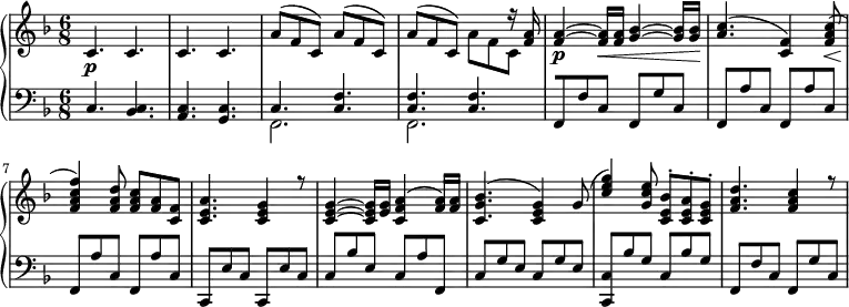 
 \relative c' {
 \new PianoStaff <<
  \new Staff { \key d \minor \time 6/8
  <<
  {
  c4.\p c c c a'8( f c) a'8( f c) a'8( f c) s8( s) r16 <f a>16 <f a>4~\p <f a>16\< <f a> <g bes>4~ <g bes>16 <g bes>\! <a c>4.( <f c>4) <f a c>8\<( <f a c f>4)\! <f a d>8 <f a c>8 <f a> <f c> <a c, e>4. <g c, e>4 r8 <e g c,>4~ <e g c,>16 <e g> <f a c,>4( <f a>16) <f a> <g bes c,>4.( < g e c>4) g8( <c e g>4) <g c e>8 <c, e bes'>-. <c e a>-. <c e g>-. <f a d>4. <f a c>4 r8
  }
  \\
  {
   s4. s s s s8( s s) s8( s s) s8( s s) a8 f c
  }
  >>
  }
  \new Staff { \key d \minor \time 6/8 \clef bass
  <<
   { c,4. <c bes>4. <c a>4. <c g>4. c4. <c f>4. <c f>4. <c f>4. [f,8 f'8 c8] f,8[ g'8 c,8] f,8[ a'8 c,8] f,8[ a'8 c,8] f,8[ a'8 c,8] f,8[ a'8 c,8] c,8[ e'8 c8] c,8[ e'8 c8] c8[ bes'8 e,8] c8[ a'8 f,8] c'8[ g' e] c8[ g' e] <c c,>8[ bes' g] c,8[ bes' g] [f,8 f'8 c8] f,8[ g'8 c,8] }
  \\
   { s4. s4. s4. s4. f,2. f2. }
  >>
   }
 >>
 }

