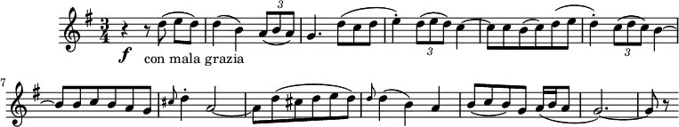 
\header {
  tagline = ##f
}

\score {
  \new Staff \with {

  }
<<
  \relative c'' {
    \key g \major
    \time 3/4
    \tempo 4 = 170
    \override TupletBracket #'bracket-visibility = ##f 
    \set Staff.midiInstrument = #"cello"
    %\autoBeamOff

     %%%%%%%%%%%%%%%%%%%%%%%%%% La Musica Notturna delle strade di Madrid
     r4\f r8_"con mala grazia" d8( e[ d]) d4( b) \times 2/3 { a8( b a) }
     g4. d'8( c d e4-.) \times 2/3 { d8( e d) } c4~ c8 c b( c) d( e d4-.) \times 2/3 { c8( d c) } b4~ b8 b c b a g \grace cis8 d4-. a2~ a8 d( cis d e d ) \grace d8 d4( b) a b8( c b) g a16( b a8 g2.~) g8 r8

  }
>>
  \layout {
     \context { \Score \remove "Metronome_mark_engraver" }
  }
  \midi {}
}
