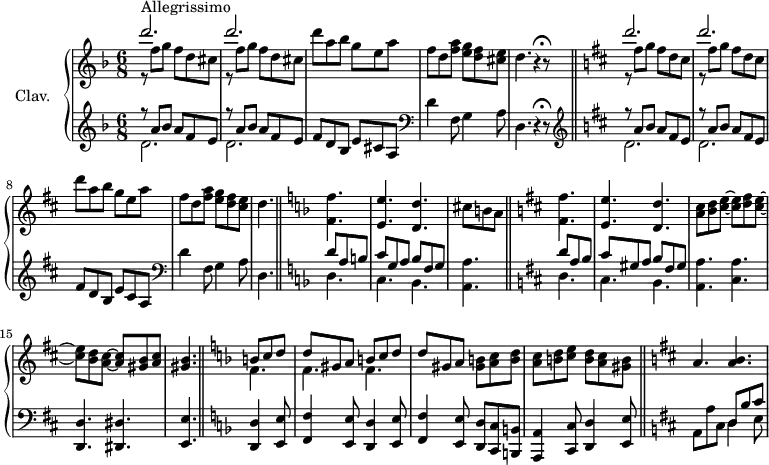 
\version "2.18.2"
\header {
  tagline = ##f
  % composer = "Domenico Scarlatti"
  % opus = "K. 444"
  % meter = "Allegrissimo"
}

%% les petites notes
trillBesp     = { \tag #'print { bes4.\prall } \tag #'midi { c32 bes c bes~ bes4 } }

upper = \relative c'' {
  \clef treble 
  \key d \minor
  \time 6/8
  \tempo 4. = 102
  \set Staff.midiInstrument = #"harpsichord"
  \override TupletBracket.bracket-visibility = ##f

      s8*0^\markup{Allegrissimo}
      \repeat unfold 2 { << { d'2. } \\ { r8 f,8 g f d cis } >> } | d'8 a bes g e a | f d < f a >8 < e g > < d f  > < cis e > | d4.r4^\markup { \translate #'(1.1 . 0.1)
\musicglyph #"scripts.ufermata" } r8  \key d \major 
      % ms. 6 majeur
       \repeat unfold 2 { << { d'2. } \\ { r8 fis,8 g fis d cis } >> } | d'8 a b g e a | fis d < fis a >8 < e g > < d fis  > < cis e > | d4.  \bar "||" \key d \minor
      % ms. 10 suite mineur
      < f, f' >4. < e e' > < d d' > cis'8 b a | \bar "||"  \key d \major < fis fis' >4.
      % ms. 13 majeur
      < e e' >4. < d d' > | < a' cis >8 < b d > < cis e >~ q < d fis > < cis e >~ | q < b d > < a cis >~ q < gis b > < a cis > | <gis b >4. \key d \minor
      % ms. 16 fin mineur
      << { b8 c d | d gis, a b c d } \\ { f,4. f f } >> | d'8 gis, a < gis b >8 < a c > < b d > | < a c > < b d > < c e > < b d > < a c > < gis b > | \key d \major
      % ms. 20 majeur
      a4. < a b >4. |
      % ms. 21
      

}

lower = \relative c' {
  \clef bass
  \key d \minor
  \time 6/8
  \set Staff.midiInstrument = #"harpsichord"
  \override TupletBracket.bracket-visibility = ##f

     % ************************************** \appoggiatura \repeat unfold 2 {  } \times 2/3 { }
      \clef treble  \repeat unfold 2 { << { r8 a' bes a f e } \\ { d2. } >> } | f8 d bes e cis a \clef bass | d4 f,8 g4 a8 | d,4. r4^\markup { \translate #'(1.1 . 0.1)
\musicglyph #"scripts.ufermata" } r8 \bar "||"   \key d \major \clef treble 
      % ms. 6 majeur
      \repeat unfold 2 { << { r8 a'' b a fis e } \\ { d2. } >> } | fis8 d b e cis a \clef bass | d4 fis,8 g4 a8 | d,4.    \bar "||" \key d \minor
      % ms. 10 mineur
      << { d'8 a b | c g a bes f g } \\ { d4. | c bes } >> < a a' >4. \key d \major
      % ms. 12 fin majeur
      << { d'8 a b | cis gis a b fis gis } \\ { d4. | cis b } >> < a a' >4. < cis a' > < d, d' > < dis dis' > < e e' > \bar "||" \key d \minor
      % ms. 16 fin
      \repeat unfold 2 { < d d' >4 < e e' >8 | < f f' >4 < e e' >8 } < d d' >8 < c c' > < b b' > | < a a' >4 < c c' >8 < d d' >4 < e e' >8 |  \bar "||" \key d \major
      % ms. 20 majeur
      a8 a' cis, << { d8 b' cis } \\ { d,4 e8 } >>
      % ms. 21
      

}

thePianoStaff = \new PianoStaff <<
    \set PianoStaff.instrumentName = #"Clav."
    \new Staff = "upper" \upper
    \new Staff = "lower" \lower
  >>

\score {
  \keepWithTag #'print \thePianoStaff
  \layout {
      #(layout-set-staff-size 17)
    \context {
      \Score
     \override SpacingSpanner.common-shortest-duration = #(ly:make-moment 1/2)
      \remove "Metronome_mark_engraver"
    }
  }
}

\score {
  \keepWithTag #'midi \thePianoStaff
  \midi { }
}
