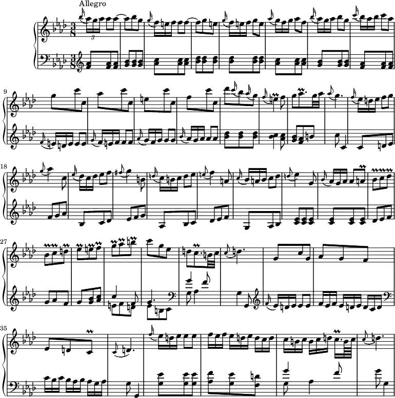 
\version "2.18.2"
\header {
  tagline = ##f
  % composer = "Domenico Scarlatti"
  % opus = "K. 204b"
  % meter = "Allegro"
}

%% les petites notes
trillE         = { \tag #'print { e4\prall } \tag #'midi { f32 e f e~ e8 } }
trillAesqp     = { \tag #'print { aes8.\prall } \tag #'midi { bes32 aes bes aes~ aes16 } }
trillAq        = { \tag #'print { a8\prall } \tag #'midi { bes32 a bes a } }
trillBesq      = { \tag #'print { bes8\prall } \tag #'midi { c32 bes c bes } }
trillCq        = { \tag #'print { c8\prall } \tag #'midi { \times 2/3 { c16 d c } } }
trillCqp       = { \tag #'print { c8.\prall } \tag #'midi { d32 c d c~ c16 } }
trillDesq      = { \tag #'print { des8\prall } \tag #'midi { ees32 des ees des } }
trillDq        = { \tag #'print { d8\prall } \tag #'midi { ees32 d ees d } }
trillEesq      = { \tag #'print { ees8\prall } \tag #'midi { f32 ees f ees } }
trillEq        = { \tag #'print { e8\prall } \tag #'midi { f32 e f e } }
trillFq        = { \tag #'print { f8\prall } \tag #'midi { g32 f g f } }
trillCqqp      = { \tag #'print { c16.\prall } \tag #'midi { \times 2/3 { c32 des c~ } c32 } }
trillGq        = { \tag #'print { g8\prall } \tag #'midi { aes32 g aes g } }
trillAesq      = { \tag #'print { aes8\prall } \tag #'midi { bes32 aes bes aes } }
trillBq        = { \tag #'print { b8\prall } \tag #'midi { c32 b c b } }

appoGAes       = { \tag #'print { \appoggiatura g8 aes4 } \tag #'midi { g16 aes8. } }
appoFisG       = { \tag #'print { \appoggiatura fis8 g4 } \tag #'midi { fis16 g8. } }
appoEF         = { \tag #'print { \appoggiatura e8 f4 } \tag #'midi { e16 f8. } }
appoDEes       = { \tag #'print { \appoggiatura d8 ees4 } \tag #'midi { d16 ees8. } }


upper = \relative c'' {
  \clef treble 
  \key f \minor
  \time 3/8
  \tempo 4. = 58 % tempo Ross
  \set Staff.midiInstrument = #"harpsichord"
  \override TupletBracket.bracket-visibility = ##f

      s8*0^\markup{Allegro}
      \appoggiatura bes'16  \times 2/3 { aes16 g aes } aes8[ aes]~ | aes bes g | \appoggiatura g16 \omit TupletNumber \times 2/3 { f16 e f } f8[ f]~ | f g e | \appoggiatura g16  \times 2/3 { f16 e f } g8[ e] | \appoggiatura aes16  \times 2/3 { g16 f g } aes8[ f] |  
      % ms. 7
      \appoggiatura bes16  \times 2/3 { aes16[ g aes] } bes8 g | \appoggiatura c16  \times 2/3 { bes16[ aes bes] } c8 aes | g c c, | aes' c c, | e c' c, | f c' c, |
      % ms. 13
      des'8 \appoggiatura c16 bes8 \appoggiatura aes16 g8 | \appoggiatura f16 \trillE f8 | g \trillAesqp g32 aes |
      \tempo 4. = 35 \appoggiatura aes8 g4.   \tempo 4. = 58 | \appoggiatura f16  \times 2/3 { ees16[ d ees] } f8 g |
      \appoGAes c,8 | \appoggiatura ees16  \times 2/3 { des16[ c des] } ees8 f |

      % ms. 20
      \appoFisG b,8 | \appoggiatura d16  \times 2/3 { c16[ b c] } d8 ees | 
      \appoEF a,8 |  \appoggiatura c16  \times 2/3 { bes16[ a bes] } c8 des |
      \appoDEes g,8 | \appoggiatura bes16  \times 2/3 { aes16[ g aes] } aes8 \trillAq | \trillBesq \trillCq \trillDesq | 
      % ms. 27
      \trillBesq \trillCq \trillDq | \trillEesq \trillEq \trillFq | \trillGq \trillAesq \trillBq | c8 g ees | d \trillCqp b32 c |
      \tempo 4. = 35 \appoggiatura c8 d4.   \tempo 4. = 58 | g,8 c g |
      % ms. 34
      aes8 g f | ees d \trillCq |   \tempo 4. = 38 \appoggiatura c8 d4.   \tempo 4. = 58 | \appoggiatura f'16  \times 2/3 { ees16[ d ees] } ees8 ees | \times 2/3 { f16[ ees f] } \times 2/3 { ees16[ d ees] } \times 2/3 { d16[ c d] } |
      % ms. 39
      \times 2/3 { c16[ b c] } \times 2/3 { b16[ c d] } \trillCqqp b64 c |   \tempo 4. = 35 \appoggiatura c8 d4.   \tempo 4. = 58 |

}

lower = \relative c' {
  \clef bass
  \key f \minor
  \time 3/8
  \set Staff.midiInstrument = #"harpsichord"
  \override TupletBracket.bracket-visibility = ##f

    % ************************************** \appoggiatura a16  \repeat unfold 2 {  } \times 2/3 { }   \omit TupletNumber 
      \grace s16 % bug…
        \clef treble  < f aes >8 q q | < g bes > q q | < aes c > q q | < bes des > q q | q q q | < aes c > q q |
      % ms. 7
       < g bes > q q | < f aes >8 q q | \omit TupletNumber  \appoggiatura f16  \times 2/3 { e16[ d e] } e8 e | \appoggiatura g16  \times 2/3 { f16[ e f] } f8 f | \appoggiatura aes16  \times 2/3 { g16[ f g] } g8 g | \appoggiatura bes16  \times 2/3 { aes16[ g aes] } aes8 aes | 
      % ms. 13
      < bes des >8 q q | < bes c >4 < aes c >8 | < g bes > < f aes > b | c8 c,4 | c8 d ees | f g aes | bes, c des |
      % ms. 20
      ees8 f g | aes, bes c | des ees f | g, aes bes | < c ees > q q | q q q | des ees f |
      % ms. 27
      g8 aes f | g < g bes > < aes c > | << { c4 f,8 | g4. } \\ { e8 f d | ees b c } >>   \clef bass << { g'4 f8 } \\ { g,8 aes4 } >> | g4 g,8 | \clef treble  \appoggiatura f''16  \times 2/3 { ees16[ d ees] } ees8 ees | 
      % ms. 34
      \times 2/3 { f16[ ees f] } \times 2/3 { ees16[ d ees] } \times 2/3 { d16[ c d] } | \clef bass \times 2/3 { c16[ bes c] } \times 2/3 { bes16[ aes bes] } \times 2/3 { aes16[ g aes] } | g8 g,4 | < g' ees' >8 q q | < aes f' > < g ees' > < f d' > |
      % ms. 39
      << { g'4 f8 } \\ { g,8 aes4 } >> | g'8 g,4 |

}

thePianoStaff = \new PianoStaff <<
    \set PianoStaff.instrumentName = #"Clav."
    \new Staff = "upper" \upper
    \new Staff = "lower" \lower
  >>

\score {
  \keepWithTag #'print \thePianoStaff
  \layout {
      #(layout-set-staff-size 17)
    \context {
      \Score
     \override SpacingSpanner.common-shortest-duration = #(ly:make-moment 1/2)
      \remove "Metronome_mark_engraver"
    }
  }
}

\score {
  \keepWithTag #'midi \thePianoStaff
  \midi { }
}
