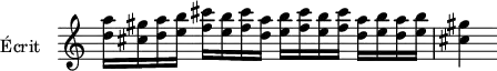 
  \version "2.18.2"
    \header {
    tagline = ##f
  }

\score {
  \new Staff \with {
    \remove "Time_signature_engraver"
    instrumentName = #"Écrit "
  }
  \relative c'' {
    \key c \major
    \time 4/4
    \tempo 4 = 92
    \autoBeamOff
    \clef treble
    \override Rest #'style = #'classical

   %% Marini op. 8 lu
    < d a' >16[ < cis gis' > < d a' > < e b' >]
    < f cis' >[ < e b' > < f cis' > < d a' >]
    < e b' >[ < f cis' > < e b' > < f cis' >]
    < d a' >[ < e b' > < d a' > < e b' >]
    < cis gis' >4
  }
  \layout {
    \context {
      \Score
      \remove "Metronome_mark_engraver"
    }
  }
  \midi {}
}
