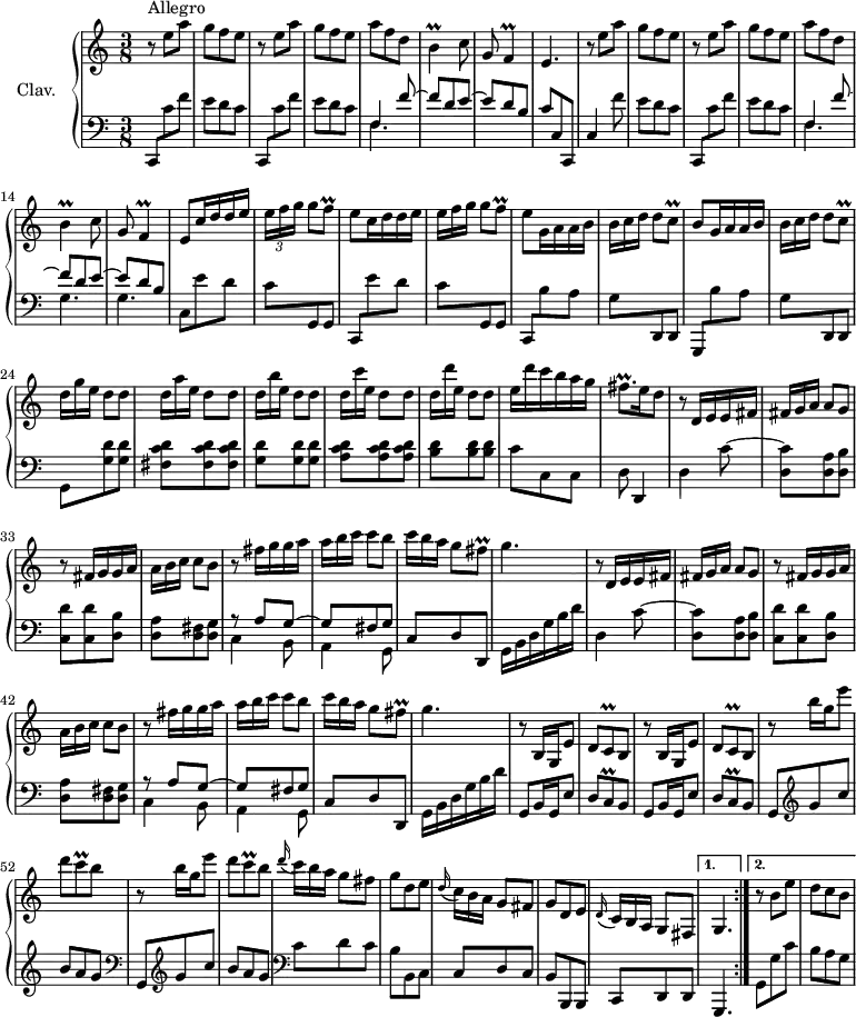
\version "2.18.2"
\header {
  tagline = ##f
  % composer = "Domenico Scarlatti"
  % opus = "K. 385"
  % meter = "Allegro"
}

%% les petites notes
trillB       = { \tag #'print { b4\prall } \tag #'midi { c32 b c b~ b8 } }
trillF       = { \tag #'print { f4\prall } \tag #'midi { e32 f e f~ f8 } }
trillFq      = { \tag #'print { f8\prall } \tag #'midi { e32 f e f } }
trillCq      = { \tag #'print { c8\prall } \tag #'midi { d32 c d c } }
trillfisqp   = { \tag #'print { fis8.\prall } \tag #'midi { g32 fis g fis~ fis16 } }
trillfisq    = { \tag #'print { fis8\prall } \tag #'midi { g32 fis g fis } }
trillCqCed   = { \tag #'print { c8\prall } \tag #'midi { d32 c d   \tempo 4. = 20 c   \tempo 4. = 70 } }

upper = \relative c'' {
  \clef treble 
  \key c \major
  \time 3/8
  \tempo 4. = 70

 \repeat volta 2 {
      s8*0^\markup{Allegro}
      \repeat unfold 2 { r8 e8 a | g f e } | a f d | \trillB c8 | g8 \trillF | e4. |
      % ms. 9
      \repeat unfold 2 { r8 e'8 a | g f e } | a f d | \trillB c8 | g8 \trillF | e8 \repeat unfold 2 { c'16 d d e |
      % ms. 17
      \times 2/3 { e16[ f g] } g8 \trillFq | e8 \omit TupletNumber  } g,16 a a b | \times 2/3 { b16[ c d] } d8 \trillCq |
      b8 g16 a a b | \times 2/3 { b16[ c d] } d8 \trillCqCed |
      % ms. 24
      \times 2/3 { d16[ g e] } d8 d | \times 2/3 { d16[ a' e] } d8 d | \times 2/3 { d16[ b' e,] } d8 d |
      \times 2/3 { d16[ c' e,] } d8 d | \times 2/3 { d16[ d' e,] } d8 d | e16 d' c b a g  | \trillfisqp e16 d8 |
      % ms. 31
      \repeat unfold 2 { r8 d,16 e e fis | \times 2/3 { fis16[ g a] } a8 g | r8 fis16 g g a | \times 2/3 { a16[ b c] } c8 b |
      r8 fis'16 g g a | \times 2/3 { a16[ b c] } c8 b | \times 2/3 { c16[ b a] } g8 \trillfisq |
      % ms. 46
      g4. } | \repeat unfold 2 { r8 b,,16 g e'8 | d \trillCq b8 } \repeat unfold 2 { r8 b''16 g e'8 | d \trillCq b8 } 
      % ms. 55
      \times 2/3 { \appoggiatura d16 c16[ b a] } g8 fis | g d e | \times 2/3 { \appoggiatura d16 c16[ b a] } g8 fis | g d e |
      \times 2/3 { \appoggiatura d16 c16[ b a] } g8 fis }%repet
      % ms. 61
      \alternative {
          { g4. | }
          { r8 b'8 e | d c b }
      }


}

lower = \relative c' {
  \clef bass
  \key c \major
  \time 3/8

\repeat volta 2 {
    % ************************************** \appoggiatura a16  \repeat unfold 2 {  } \times 2/3 { }   \omit TupletNumber 
      \repeat unfold 2 { c,,8 c'' f | e d c } | << { f,4 f'8~ | f d e~ | e d b } \\ { \mergeDifferentlyDottedOn f4. } >> c'8  c,   \tempo 4. = 35 c,   \tempo 4. = 70 |
      % ms. 9
      c'4 f'8 | e d c | c,, c'' f | e d c | 
      << { f,4 f'8~ | f d e~ | e d b } 
       \\ { \mergeDifferentlyDottedOn f4. g g } >> | c,8 \repeat unfold 2 { e' d \stemDown |
      % ms. 17
      c8 \stemUp g, g \stemNeutral | \stemUp c, \stemNeutral } \stemDown  b'' a | g \stemNeutral d, d | g, b'' a  |  \stemDown g \stemUp d, d \stemNeutral |
      % ms. 24
      g8 < g' d' > q | < fis c' d > q q | < g d' > q q | < a c d > q q | < b d > q q | c8 c, c | d d,4 |
      % ms. 31
      \repeat unfold 2 { d'4 c'8~ | < d, c' >8 < d a' > < d b' > | < c d' > q < d b' > | < d a' > < d fis > < d g > |
      << { r8 a'8 g~ | g fis g } \\ { c,4 b8 | a4 g8 } >> c8 d d, |
      % ms. 38
      g16 b d g b d } |
      % ms. 47
      \repeat unfold 2 { g,,8 b16 g e'8 | d \trillCq b8 } |
      \repeat unfold 2 { g8   \clef treble   g'' c | b a g   \clef bass } |
      % ms. 55
      c,8 d c | b b, c | c d c | b b, b | c d d }%repet
      % ms. 61
      \alternative {
          { g,4. | }
          { g'8 g' c | b a g }
      }

}

thePianoStaff = \new PianoStaff <<
    \set PianoStaff.instrumentName = #"Clav."
    \new Staff = "upper" \upper
    \new Staff = "lower" \lower
  >>

\score {
  \keepWithTag #'print \thePianoStaff
  \layout {
      #(layout-set-staff-size 17)
    \context {
      \Score
     \override TupletBracket.bracket-visibility = ##f
     \override SpacingSpanner.common-shortest-duration = #(ly:make-moment 1/2)
      \remove "Metronome_mark_engraver"
    }
  }
}

\score {
  \keepWithTag #'midi \thePianoStaff
  \midi { \set Staff.midiInstrument = #"harpsichord" }
}
