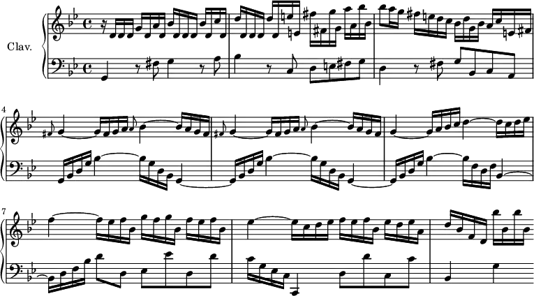 
\version "2.18.2"
\header {
  tagline=##f
}
upper=\relative c' {
  \clef treble
  \key g \minor
  \time 4/4
  \tempo 4=104
  \tempo "Allegro"
  \set Staff.midiInstrument=#"harpsichord"

  r16 d16 d d g d a' d, bes' d, d d bes' d, c' d,|d' d, d d d' d, e' e, fis' fis, g' g, a' a, bes' bes, bes'8 a16 g fis e d c
  bes16 d g, bes a c e, fis|\repeat unfold 2 { \grace fis8 g4~ g16 fis g a \grace a8 bes4~ bes16 a g fis }|
  g4~ g16 a bes c d4~ d16 c d ees f4~ f16 ees f bes, g' f g bes, f' ees f bes,|ees4~ ees16 c d ees f ees f bes, ees d ees a,|d16 bes f d bes''16 bes, bes' bes,

}

lower=\relative c' {
  \clef bass
  \key g \minor
  \time 4/4
  \set Staff.midiInstrument=#"harpsichord"
   
   g,4 r8 fis'8 g4 r8 a8|bes4 r8 c,8 d e fis g|d4 r8 fis8|g bes, c a|\repeat unfold 2 { g16 bes d g bes4~ bes16 g d bes g4~ }|g16 bes d g bes4~ bes16 f d f bes,4~ bes16 d f bes d8 d, ees ees' d, d'|c16 g ees c c,4 d'8 d' c, c' bes,4 g'
}

\score {
  \new PianoStaff <<
    \set PianoStaff.instrumentName=#"Clav."
    \new Staff="upper" \upper
    \new Staff="lower" \lower
  >>
  \layout {
    #(layout-set-staff-size 18)
    \context {
      \Score
      \override SpacingSpanner.common-shortest-duration=#(ly:make-moment 1/2)
      \remove "Metronome_mark_engraver"
    }
  }
  \midi { }
}
