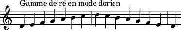  {
\override Score.TimeSignature #'stencil = ##f
\relative c' { 
  \key d \dorian
  \clef treble \time 7/4
  d4^\markup { Gamme de ré en mode dorien } e f g a b c d c b a g f e d
} }

