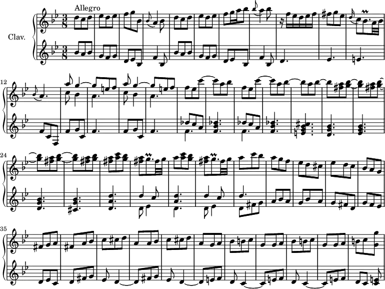 
\version "2.18.2"
\header {
  tagline = ##f
  % composer = "Domenico Scarlatti"
  % opus = "K. 228"
  % meter = "Allegro"
}

%% les petites notes
trillBesqp     = { \tag #'print { bes8.\prall } \tag #'midi { c32 bes c bes~ bes16 } }
trillGqp       = { \tag #'print { g8.\prall } \tag #'midi { a32 g a g~ g16 } }

upper = \relative c'' {
  \clef treble 
  \key bes \major
  \time 3/8
  \tempo 4. = 72
  \set Staff.midiInstrument = #"harpsichord"
  \override TupletBracket.bracket-visibility = ##f

      s8*0^\markup{Allegro}
      d8 c d | ees d ees | f g bes, | \appoggiatura bes8 a4 bes8 | d8 c d | ees d ees |
      % ms. 7
       f8 g16 a bes8 | \appoggiatura bes8 a4 bes8 | r16 f16 ees d ees f | fis8 g ees | \appoggiatura d16 c8 \trillBesqp a32 bes | \appoggiatura bes8 a4. |  
      % ms. 13
      \repeat unfold 2 { << { a'8 g4~ | g8 e f } \\ { c8 bes4 | a4. } >> } | f'8 ees c'~ | c a bes | f ees c'~ |
      % ms. 20
      c8 a bes~ | bes a bes~ | bes < fis a > < g bes >~ | \repeat unfold 3 { q < fis a > < g bes >~ } | < fis a > < a c > < g bes > |
      % ms. 27
      < fis a >8 \trillGqp fis32 g | a8 < a c > < g bes > | < fis a > \trillGqp fis32 g | a8 c bes | a g f | ees d cis | ees d c |
      % ms. 34
      bes8 a g | fis g a | fis a bes | c cis d | a a bes | c cis d | a g a |
      % ms. 41
      bes8 b c | g g a | bes b c | g g a | b c < g g' >

}

lower = \relative c' {
  \clef bass
  \key bes \major
  \time 3/8
  \set Staff.midiInstrument = #"harpsichord"
  \override TupletBracket.bracket-visibility = ##f

    % ************************************** \appoggiatura a16  \repeat unfold 2 {  } \times 2/3 { }   \omit TupletNumber 
        \clef treble  \repeat unfold 2 { bes'8 a bes | g f g |
      % ms. 7
      d8 ees bes | f'4 bes,8 } | d4. ees e | f8 c f, |
      % ms. 13
      \repeat unfold 2 { f'8 g c, | f4. } |  \repeat unfold 2 { << { des'8 c a } \\ { f4. } >> |
      % ms. 20
      < f bes des >4. } | < e g bes cis >4. < d g bes > < ees g bes > < d g bes > < cis g' bes > < d a' d >
      % ms. 27
      << { d'4 c8 | < a d >4. | d4 c8 | d4. } \\ { d,8 ees4 | d4. | d8 ees4 | d8 fis g } >> | a bes a | g bes a | g fis d |
      % ms. 34
      g8 f ees | d ees c | d fis g | ees d4~ | d8 fis g | ees d4~ | d8 e f |
      % ms. 41
      d8 c4~ | c8 e f | d c4~ | c8 e f | d[ c] < c e >

}

thePianoStaff = \new PianoStaff <<
    \set PianoStaff.instrumentName = #"Clav."
    \new Staff = "upper" \upper
    \new Staff = "lower" \lower
  >>

\score {
  \keepWithTag #'print \thePianoStaff
  \layout {
      #(layout-set-staff-size 17)
    \context {
      \Score
     \override SpacingSpanner.common-shortest-duration = #(ly:make-moment 1/2)
      \remove "Metronome_mark_engraver"
    }
  }
}

\score {
  \keepWithTag #'midi \thePianoStaff
  \midi { }
}
