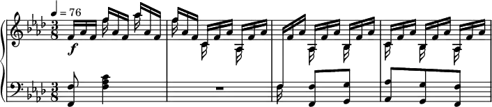 
\version "2.18.2"
\header {
  tagline = ##f
}
upper = \relative c' {
  \clef treble 
  \key f \minor
  \time 3/8
  \tempo 4 = 76
  %\autoBeamOff
  \override TupletBracket.bracket-visibility = ##f

   %%Cramer — Étude 25 (pdf p. )
   
    << { \omit TupletNumber \tuplet 3/2 { f16[ aes f]  f'[ aes, f] aes'[ aes, f] | f'[ aes, f] c[ f aes] aes,[ f' aes] \change Staff = "lower" f,16[ \change Staff = "upper" f' aes] aes,[ f' aes] bes,[ f' aes] c,[ f aes] bes,[ f' aes] aes,[ f' aes] } 
       } \\ 
       { s16\f s16 f'16 s16 aes16 s16 f16 s16 c,16 s16 aes s16 s16 s16 aes16 s16 bes s16 c s16 bes s16 aes s16
       } >>

}

lower = \relative c {
  \clef bass
  \key f \minor
  \time 3/8

   < f f, >8 < c' aes f >4
   R4.
   f,16 s16 < f f, >8 < g g, > < aes aes, > < g g, > < f f, >
 
}

  \header {
    piece = ""
  }

\score {
  \new PianoStaff <<
    \new Staff = "upper" \upper
    \new Staff = "lower" \lower
  >>
  \layout {
    \override TupletBracket.bracket-visibility = ##f
    \context {
      \Score
      %\remove "Metronome_mark_engraver"
    }
  }
  \midi { }
}
