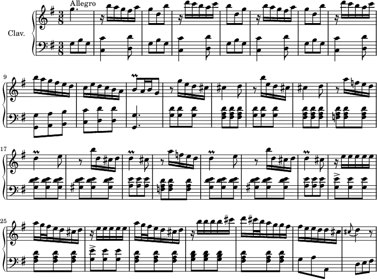 
\version "2.18.2"
\header {
  tagline = ##f
  % composer = "Domenico Scarlatti"
  % opus = "K. 152"
  % meter = "Allegro"
}

%% les petites notes
trillD     = { \tag #'print { d4\prall } \tag #'midi { e32 d e d~ d8 } }
trillBq    = { \tag #'print { b8\prall } \tag #'midi { b32 c b c } }

upper = \relative c'' {
  \clef treble 
  \key g \major
  \time 3/8
  \tempo 4. = 72
  \set Staff.midiInstrument = #"harpsichord"
  \override TupletBracket.bracket-visibility = ##f

      s8*0^\markup{Allegro}
      g'4. | r16 b16 a g fis a | g8 d b' | r16 d16 c b a c | b8 d, g |
      % ms. 6
      r16 b16 a g fis a | g8 d b' | r16 d16 c b a c | b a g fis e d | c e d c b a |
      % ms. 11
      \trillBq a16 b   \tempo 4. = 30 g8   \tempo 4. = 72 | r8 g'16 e d cis | cis4 d8 | r8 b'16 e, d cis | cis4 d8 | 
      % ms. 16
      \repeat unfold 2 { r8 a'16 f e d | \trillD e8 | r8 b'16 d, cis d | \trillD cis8 }
      % ms. 24
      \repeat unfold 2 { r16 e16 e e e e | a g32 fis e16 d cis d } |
      % ms. 28
      r16 b'16 b b b cis | d cis32 b a16 g g fis | fis e e d d cis |
      % ms. 31
      \appoggiatura cis8 d4 r8

}

lower = \relative c' {
  \clef bass
  \key g \major
  \time 3/8
  \set Staff.midiInstrument = #"harpsichord"
  \override TupletBracket.bracket-visibility = ##f

    % ************************************** \appoggiatura a16  \repeat unfold 2 {  } \times 2/3 { }   \omit TupletNumber 
      \repeat unfold 4 { g8 b g | < c, c' >4 < d d' >8 }
      % ms. 9
      < g, g' >8 < a a' > < b b' > | < c c' > < d d'> q |
      % ms. 11
      < g, g' >4. | \repeat unfold 2 { < g' d' >8 q q | < fis a d > q q } | 
      % ms. 16
      < f a d >8 q q | < g d' e > q q | < gis d' e > q q | < a e' > q q | < f a d > q q |
      % ms. 21
      < g d' e > q q | < gis d' e > q q | < a e' > q q |
      % ms. 24
      \repeat unfold 2 { < g e' >-> q q | < fis a d > q q } | 
      % ms. 28
      < g b d > q q | < fis a d > q q | g8 a a, |
      % ms. 31
      d8 e fis | 

}

thePianoStaff = \new PianoStaff <<
    \set PianoStaff.instrumentName = #"Clav."
    \new Staff = "upper" \upper
    \new Staff = "lower" \lower
  >>

\score {
  \keepWithTag #'print \thePianoStaff
  \layout {
      #(layout-set-staff-size 17)
    \context {
      \Score
     \override SpacingSpanner.common-shortest-duration = #(ly:make-moment 1/2)
      \remove "Metronome_mark_engraver"
    }
  }
}

\score {
  \keepWithTag #'midi \thePianoStaff
  \midi { }
}
