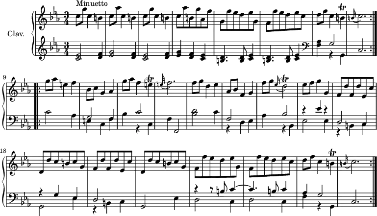 
\version "2.18.2"
\header {
  tagline = ##f
  % composer = "Domenico Scarlatti"
  % opus = "K. 40"
  % meter = "Minuetto"
}

%% les petites notes
trillE     = { \tag #'print { e4\trill } \tag #'midi { f32 e f e~ e8 } }
trillB     = { \tag #'print { b4\trill } \tag #'midi { c32 b c b~ b8 } }
trillDb    = { \tag #'print { d2\trill } \tag #'midi { ees32 d ees d~ d8~ d4 } }
AppoFbp    = { \tag #'print { \appoggiatura e32 f2. } \tag #'midi { e4 f2 } }
AppoCbp    = { \tag #'print { \appoggiatura b16 c2. } \tag #'midi { b2 c4 } }

upper = \relative c'' {
  \clef treble 
  \key c \minor
  \time 3/4
  \tempo 4 = 84
  \set Staff.midiInstrument = #"harpsichord"
  \override TupletBracket.bracket-visibility = ##f

  \repeat volta 2 {
      s8*0^\markup{Minuetto}
      c8 g' c,4 b | c8 aes' c,4 b  | c8 g' c,4 b  | c8 aes' b, g' aes, f' | g, f' ees d ees g, |
      % ms. 6
      f8 f' ees d ees c | d f c4 \trillB \AppoCbp }%reprise
      % ms. 9
        \repeat volta 2 { g'8 aes e4 f | bes,8 c g4 aes | g'8 aes f4 \trillE | \AppoFbp |
      % ms. 13
      f8 g d4 ees | aes,8 bes f4 g | f'8 g \appoggiatura ees16 \trillDb | ees8 f g4 g, | \repeat unfold 2 { f8 d' f, d' ees, c' | d, d' c b c g } |
      % ms. 20
      f8 f' ees d ees g, | f f' ees d ees c  | d f c4 \trillB \AppoCbp }%reprise

}

lower = \relative c' {
  \clef bass
  \key c \minor
  \time 3/4
  \set Staff.midiInstrument = #"harpsichord"
  \override TupletBracket.bracket-visibility = ##f

  \repeat volta 2 {
    % ************************************** \appoggiatura a8  \repeat unfold 2 {  } \times 2/3 { }   \omit TupletNumber 
        \clef treble < c ees >2 < d f >4 | < ees g >2 < d f >4 | < c ees >2 < d f >4 | < ees g >4 < d f > < c ees > | \repeat unfold 2 { < b d >4. q8 < c ees >4 } |   \clef bass 
      % ms. 7
      < f, aes > << { g2 } \\ { r4 g, } >> | c2. } %reprise
      % ms. 9
        \repeat volta 2 { c'2 aes4 | << { g2 f4 | s4 c'2 } \\ { e,4 c f | bes r4 c,4 } >> f4 f,2 |
      % ms. 13
      < bes' d >2 c4 | << { f,2 s4 | s4 bes2 | r4 ees4 r4 | d,2 c4 | r4 g'4 ees } \\ { r4 d4 ees | aes r4 bes, | ees2 ees4 r4 b4 c | g2 ees'4 } >>
      % ms. 19
      << { d2 } \\ { r4 b4 c } >> g2 ees'4 | << { r4 r8 b'8 c4~ | c4. b8 c4 | aes4 g2 } \\ { d2 c4 | d2 c4 | f r4 g, } >> c2. }%reprise

}

thePianoStaff = \new PianoStaff <<
    \set PianoStaff.instrumentName = #"Clav."
    \new Staff = "upper" \upper
    \new Staff = "lower" \lower
  >>

\score {
  \keepWithTag #'print \thePianoStaff
  \layout {
      #(layout-set-staff-size 17)
    \context {
      \Score
     \override SpacingSpanner.common-shortest-duration = #(ly:make-moment 1/2)
      \remove "Metronome_mark_engraver"
    }
  }
}

\score {
  \unfoldRepeats
  \keepWithTag #'midi \thePianoStaff
  \midi { }
}

