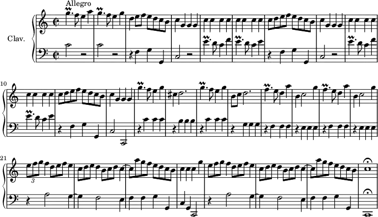 
\version "2.18.2"
\header {
  tagline = ##f
  % composer = "Domenico Scarlatti"
  % opus = "K. 329"
  % meter = "Allegro"
}

%% les petites notes
trillGp     = { \tag #'print { g4.\prall } \tag #'midi { a32 g a g~ g4 } }
trillGpUp   = { \tag #'print { g'4.\prall } \tag #'midi { a32 g a g~ g4 } }
trillEp     = { \tag #'print { e4.\prall } \tag #'midi { f32 e f e~ e4 } }
trillEpUp   = { \tag #'print { e'4.\prall } \tag #'midi { f32 e f e~ e4 } }
trillFp     = { \tag #'print { f4.\prall } \tag #'midi { g32 f g f~ f4 } }

upper = \relative c'' {
  \clef treble 
  \key c \major
  \time 2/2
  \tempo 2 = 92
  \set Staff.midiInstrument = #"harpsichord"
  \override TupletBracket.bracket-visibility = ##f

      s8*0^\markup{Allegro}
      \trillGpUp f8 e4 a | \trillGp f8 e4 g | d4 e8 f e d c b | \repeat unfold 2 { c4 g g g | \repeat unfold 8 { c } |
      % ms. 7
      c8 d e f e d c b } | c4 g g g | \trillGpUp f8 e4 g | cis,4 d2. | \trillGp f8 e4 g |
      % ms. 16
      b,8 c d2. | \repeat unfold 2 { \trillFp e8 d4 a' | b, c2 g'4 } |
      % ms. 21
      \times 2/3 { e8 f g } f4  \omit TupletNumber \times 2/3 { d8 e f } e4 | \times 2/3 { c8 d e } d4 \times 2/3 { b8 c d } c4~ | c8 a' g f e d c b | c4 c \tempo 2 = 80 c \tempo 2 = 92 g'
      % ms. 25
      \times 2/3 { e8 f g } f4  \omit TupletNumber \times 2/3 { d8 e f } e4 | \times 2/3 { c8 d e } d4 \times 2/3 { b8 c d } c4~ | c8 a' g f e d c \tempo 2 = 80 b | c1\fermata

}

lower = \relative c' {
  \clef bass
  \key c \major
  \time 2/2
  \set Staff.midiInstrument = #"harpsichord"
  \override TupletBracket.bracket-visibility = ##f

    % ************************************** \appoggiatura a16  \repeat unfold 2 {  } \times 2/3 { }   \omit TupletNumber 
      c2 r2 | c2 r2 | \repeat unfold 2 { r4 f,4 g g, | c2 r2 | \trillEpUp d8 c4 f |
      % ms. 3
      \trillEp d8 c4 e } |
      % ms. 11
      r4 f,4 g g, | c2 c, | r4 \repeat unfold 3 { c''4 } | r4 \repeat unfold 3 { b4 } | r4 \repeat unfold 3 { c4 } | 
      % ms. 16
      r4 \repeat unfold 3 { g4 } | \repeat unfold 2 {  r4 \repeat unfold 3 { f4 } | r4 \repeat unfold 3 { e4 }  } | 
      % ms. 21
      r4 a2 g4~ | g f2 e4 | f f g g, | c g c,2 |
      % ms. 25
      r4 a''2 g4~ | g f2 e4 | f f g g, | c,1\fermata

}

thePianoStaff = \new PianoStaff <<
    \set PianoStaff.instrumentName = #"Clav."
    \new Staff = "upper" \upper
    \new Staff = "lower" \lower
  >>

\score {
  \keepWithTag #'print \thePianoStaff
  \layout {
      #(layout-set-staff-size 17)
    \context {
      \Score
     \override SpacingSpanner.common-shortest-duration = #(ly:make-moment 1/2)
      \remove "Metronome_mark_engraver"
    }
  }
}

\score {
  \keepWithTag #'midi \thePianoStaff
  \midi { }
}
