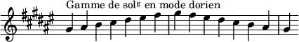  {
\override Score.TimeSignature #'stencil = ##f
\relative c'' {
  \key gis \dorian
  \clef treble \time 7/4
  gis4^\markup { Gamme de sol♯ en mode dorien } ais b cis dis eis fis gis fis eis dis cis b ais gis
} }
