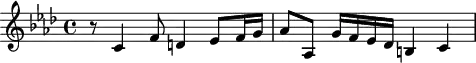 
\header {
  tagline = ##f
}

\score {
  \new Staff \with {

  }
<<
  \relative c' {
    \clef treble
    \key aes \major
    \time 4/4
    \tempo 4 = 70
    \override TupletBracket #'bracket-visibility = ##f 
    %\autoBeamOff
    \set Staff.midiInstrument = #"string ensemble 1"

     %%%%%%%%%%%%%%%%%%%%%%%%%% AB 9-3 th2
     r8 c4 f8 d!4  ees8 f16 g aes8 aes, g'16 f ees des b!4 c
  }
>>
  \layout {
    \context { \Score \remove "Metronome_mark_engraver"
    }
  }
  \midi {}
}
