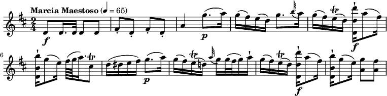 
\relative c'' { 
  \version "2.18.2"
  \key d \major
  \tempo "Marcia Maestoso" 4 = 65
   \time 2/4
   
  d,8 \f d16. d32 d8 d
  fis-. d-. fis-. d-.
  a'4 g'8. \p (a16)
  g (fis) e (d) g8. \grace b32 (a16)
  g16 (fis) e\trill (d) <d,-! d' d'>16\f a''8 (fis16)
 < d,-! b' b'>16 g'8 (e16) fis64 (g a16.) cis,8\trill
 d16 (dis e fis) g8. \p (a16)
 g16 (fis) e\trill (d!) \grace a'32 (g16) g32 (fis g16) a-!
  g16 (fis) e\trill (d) <d,-! d' d'>16\f a''8 (fis16)
 < d,-! b' b'>16 g'8 (e16) <a, g'>8 <a fis'>
}
