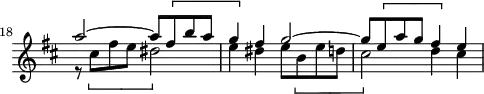 
\version "2.18.2"
\header {
  tagline = ##f
}

\score {
  \new Staff \with {
    \remove "Time_signature_engraver"
  }
<<
  \relative c'' {
    \key b \minor
    \time 4/4
    \set Score.currentBarNumber = #18
    \bar ""

     %% Motif en croches — Prélude CBT I-24, BWV 869, si mineur 
     << { a'2~ a8 \[ fis b a g4 \] fis g2~ g8 \[ e a g fis4 \] e } \\ { r8 \[ cis8 fis e dis2 \] e4 dis e8 \[ b e d cis2 \] d4 cis } >>

  }
>>
  \layout {
     \context { \Score \remove "Metronome_mark_engraver" 
     %\override SpacingSpanner.common-shortest-duration = #(ly:make-moment 1/2) 
}
  }
  \midi {} 
}
