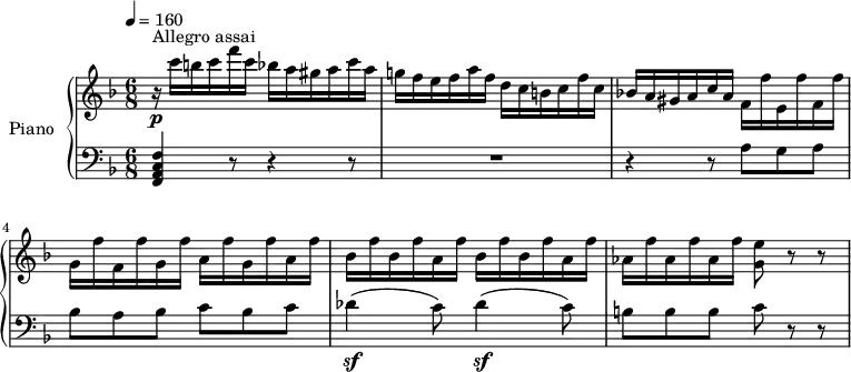 
\version "2.14.2"
\header {
  tagline = ##f
}
upper= \relative c' {
  \clef treble
  \key f \major
  \time 6/8
  \tempo 4 = 160
  \set Staff.midiInstrument = #"piano"

    r16\p^\markup { Allegro assai} c''16 b c f c bes a gis a c a
    g! f e f a f   d c b c f c
    bes! a gis a c a    f f' e, f' f, f'
    g, f' f, f' g, f'    a, f' g, f' a, f'
    bes, f' bes, f' a, f'   bes, f' bes, f' a, f'
   aes, f' aes, f' aes, f'  <g, e'>8 r8 r8
  }

lower=\relative c {
    \clef bass
    \key f \major
    \numericTimeSignature
    \time 6/8
    <f, a c f>4 r8 r4 r8
   R2.
   r4 r8 a'8 g a
   bes a bes c bes c
   des4\sf (c8) des4\sf (c8)
   b8 b b c r8 r8
  }

\score {
       \new PianoStaff \with { instrumentName = #"Piano" }
       <<
         \new Staff = "upper" \upper
         \new Staff = "lower" \lower
       >>
\layout { }
\midi { } }
