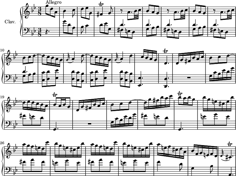 
\version "2.18.2"
\header {
  tagline = ##f
  % composer = "Domenico Scarlatti"
  % opus = "K. 102"
  % meter = "Allegro"
}

%% les petites notes
trillFis     = { \tag #'print { fis4\trill } \tag #'midi { g32 fis g fis~ fis8 } }
trillDp      = { \tag #'print { d4.\trill } \tag #'midi { e32 d e d~ d4 } }
trillBesq    = { \tag #'print { bes8\trill } \tag #'midi { c32 bes c bes } }
trillDpAppo  = { \tag #'print { \appoggiatura d32 cis4.\trill } \tag #'midi { e32 d e d e d e d } }

upper = \relative c'' {
  \clef treble 
  \key g \minor
  \time 3/8
  \tempo 4. = 76
  \set Staff.midiInstrument = #"harpsichord"
  \override TupletBracket.bracket-visibility = ##f

      s8*0^\markup{Allegro}
      g'8 d a | bes4 c8 | d8 ees g, | \trillFis g8 | \repeat unfold 2 { r8 a8. bes32 c |
      % ms. 6
      bes8 a g } | r8 a8. bes32 c | bes8 c \repeat unfold 2 { d~ | d c16 bes a g |
      % ms. 12
      \appoggiatura g32 a4 } | d c16 bes a g | \trillDp | d16 g fis bes a c |
      % ms. 18
      bes8 c d~ | d16 ees d c bes a | \trillBesq a16 bes g8 | d16 g fis bes a c | bes8 c d~ |
      % ms. 23
      d16 g fis bes a c | \trillBesq a16 bes g8 |  bes16 g e cis e bes' | \repeat unfold 2 { a16 g f e d c' | bes16 g e cis e bes' } |
      % ms. 30
      a16 e f cis d a | bes f g e f d |  \trillDpAppo

}

lower = \relative c' {
  \clef bass
  \key g \minor
  \time 3/8
  \set Staff.midiInstrument = #"harpsichord"
  \override TupletBracket.bracket-visibility = ##f

    % ************************************** \appoggiatura a8  \repeat unfold 2 {  } \times 2/3 { }   \omit TupletNumber 
      r4. | g'8 d a | bes8 c4 | d8 ees g, | \repeat unfold 3 { << { d'4. d } \\ { fis,8 e d | g a bes } >> }
      % ms. 11
      \repeat unfold 2 { < c, c' >8 < d d' > < ees ees' > | < d d' > < c c' > < bes bes' > } | < ees, ees' >4. | < d d' >4. | \repeat unfold 2 { R4. |
      % ms. 18
      g'16 c bes ees d g | fis8 e d | g,,4. } |
      % ms. 25
      \repeat unfold 2 { e''8 g e | fis a fis } | e8 g e |
      % ms. 30
      f4 d8 | g,4 bes8 | a,4. 

}

thePianoStaff = \new PianoStaff <<
    \set PianoStaff.instrumentName = #"Clav."
    \new Staff = "upper" \upper
    \new Staff = "lower" \lower
  >>

\score {
  \keepWithTag #'print \thePianoStaff
  \layout {
      #(layout-set-staff-size 17)
    \context {
      \Score
     \override SpacingSpanner.common-shortest-duration = #(ly:make-moment 1/2)
      \remove "Metronome_mark_engraver"
    }
  }
}

\score {
  \keepWithTag #'midi \thePianoStaff
  \midi { }
}
