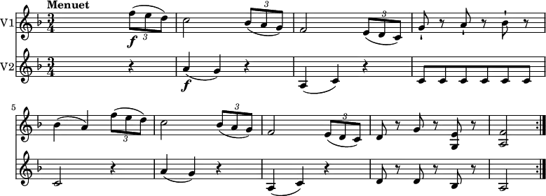
<<
  \new Staff \with {
       instrumentName = #"V1"
     }
     \relative c'' {
         \version "2.18.2"
         \clef "treble"
         \tempo "Menuet"
         \key f \major
         \time 3/4
         \tempo 4 = 110
                s2  \tuplet 3/2 {f8\f (e d)}
                c2 \tuplet 3/2 {bes8 (a g)}
                f2  \tuplet 3/2 {e8 (d c)}
                g'-! r8 a-! r8 bes8-! r8
                bes4 (a) \tuplet 3/2 {f'8 (e d)}
                c2 \tuplet 3/2 {bes8 (a g)}
                f2 \tuplet 3/2 {e8 (d c)}
               d8 r8 g8 r8 <g, e'>8 r8
               <a f'>2 \bar ":|."
}
\new Staff \with {
         instrumentName = #"V2" }
\relative c'' {
         \clef "treble"
         \tempo "Andante"
         \key f \major
         \time 3/4
           s2 r4
           a4\f (g) r4
           a, (c) r4
           c8 c c c c c
           c2 r4
            a'4 (g) r4
           a, (c) r4
           d8 r8 d8 r8 bes8 r8
           a2 \bar ":|."
 }
>>
