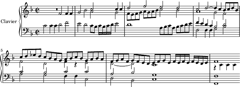
\version "2.18.2"
\header {
  tagline = ##f
}
upper = \relative c' {
  \clef treble 
  \key f \major
  \time 4/2
  \set Staff.timeSignatureFraction = 2/2
  \tempo 2 = 80
  \tempo "Andante mosso"
    \set Staff.midiInstrument = #"church organ"

   %%% Canzona ariosa
   R1 f2 f4 f g2 bes
   << { c2 c4 c d2 f e d c d~ d4 c bes8 c d bes c d ees d c bes a g | a bes c bes g a bes a | f g a f g f e d  | e f g e f16 e f e f e d e | f1 } \\ { a2 g f8 e f g a g a bes c2 bes a1 g2 f f d f4 r4 e2 d~ d c1 r4 c4 c c } >>
}

lower = \relative c' {
  \clef bass
  \key f \major
  \time 4/2
  \set Staff.timeSignatureFraction = 2/2
    \set Staff.midiInstrument = #"church organ"

  c2 c4 c d2 f e d c8 bes c16 bes c d e2 d1
  a8 bes c a bes c d e 
  << { f4 e d c bes2 d c bes c c a bes g1 f1 } \\ { f2 f4 f g2 bes a g f4 f c2 d bes c1 f,1~ } >> 

} 

\score {
  \new PianoStaff <<
    \set PianoStaff.instrumentName = #"Clavier"
    \new Staff = "upper" \upper
    \new Staff = "lower" \lower
  >>
  \layout {
    \context {
      \Score
      \remove "Metronome_mark_engraver"
      \override SpacingSpanner.common-shortest-duration = #(ly:make-moment 1/2)
    }
  }
  \midi { }
}

