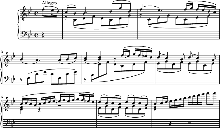 
\version "2.18.2"
\header {
  tagline = ##f
}
upper = \relative c' {
         \clef "treble"
         \tempo "Allegro"
         \key bes \major
         \time 4/4
         \tempo 4 = 130
      \partial 4 f'8 ^\markup {Allegro} (ees16 d)
      \stemUp c8 ^ (bes) bes4. d8 ^ (g d)
      f4 ^( ees4.) f16 ^(g f ees d c)
      bes4 (a4.) a8 (bes c)
      \stemUp <a c>4 (<bes d>) r8 f'16 ^ (e g f ees d)
      d8 ^(c4) bes8 d8 ^(c4) a8
      bes16 ^(c bes a bes c d ees e f e f g f ees! d)
      d8 ^(c) c ^( bes) d ^(c) c ^(a)
      bes c16 d \stemDown ees f g a bes c d ees f8 f

}
lower =\relative c {
         \clef "bass"
         \key bes \major
         \time 4/4
        \partial 4 r4
        \change Staff = "upper"
       r8 \stemDown bes' _ (d f d bes d g)
       r8 \stemDown c, _ (ees g ees c ees g)
       \change Staff = "lower"
       r8 f, ^ (c' ees c f, c' ees)
       r8 bes8_\( \change Staff = "upper"
       d f d bes d f\)
       ees _ (g d f) ees _ (g c, ees)
       <d f>4 r4 r2
       ees8 _(g d f) ees _(g d ees)
       <d f>4 \change Staff = "lower"
       r4 r2
  }
\score {
  \new PianoStaff <<
    \new Staff = "upper" \upper
    \new Staff = "lower" \lower
  >>
  \layout {
    \context {
      \Score
      \remove "Metronome_mark_engraver"
    }
  }
  \midi { }
}
