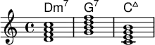 <<
    \new ChordNames \chordmode {
  d1:m7 g:7 c:maj
  }
  \new Staff \relative c'{
<d f a c> < g b d f > <c, e g b> }

  >>
