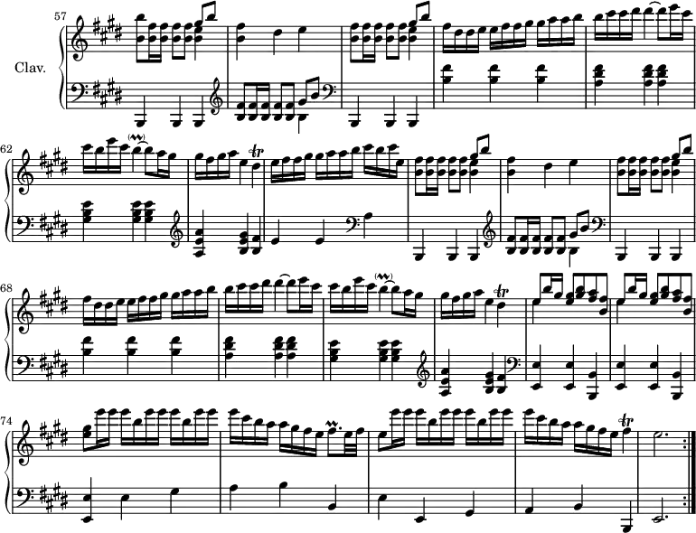 
\version "2.18.2"
\header {
  tagline = ##f
}

%% les petites notes
trillDis = { \tag #'print { dis4\trill } \tag #'midi { \repeat unfold 2 { e32 dis } e \tempo 4 = 76 dis~ dis16 \tempo 4 = 90 } }
trillFisqp = { \tag #'print { fis8.\prall } \tag #'midi { gis32 fis gis fis~ fis16 } }
trillB = { \tag #'print { b4~-\parenthesize\prall } \tag #'midi { cis32 b cis b~ b8~ } }
%trillFis = { \tag #'print { fis4\trill } \tag #'midi { \repeat unfold 2 { gis32 fis } gis fis~ \tempo 4 = 60 fis~ fis \tempo 4 = 90 } }
trillFis = { \tag #'print { fis4\trill } \tag #'midi { \repeat unfold 2 { gis32 fis } gis fis~ \tempo 4 = 60 e~ fis \tempo 4 = 90 } }

upper = \relative c'' {
  \clef treble 
  \key e \major
  \time 3/4
  \tempo 4 = 90
  \omit Staff.TimeSignature
  \set Staff.midiInstrument = #"harpsichord"
  \set Score.currentBarNumber = #57
  \bar ""

  < b b' >8 < b fis' >16 q q8 q << { gis'8 b } \\ { < b, e >4 } >> | < b fis' >4 dis e |
  % ms. 59 à 63 = 67 à 71 <!-- Longo : double note sur la figure rythmique ms. 59 — je suis K. Gilbert -->
  < b fis' >8 q16 q q8 q << { gis'8 b } \\ { < b, e >4 } >> | fis'16 dis dis e  e fis fis gis  gis a a b | b cis cis dis dis4~ dis8 e16 cis |
  cis16 b e cis \trillB b8 a16 gis | gis fis gis a e4 \trillDis | 

  % ms. 64 à 66 intermédiaire
  e16 fis fis gis  gis a a b  cis b cis e, | < b fis' >8 q16 q q8 q << { gis'8 b } \\ { < b, e >4 } >> | < b fis' >4 dis e |

  % ms. 67 à 71 (= 59 à 63)
  < b fis' >8 q16 q q8 q << { gis'8 b } \\ { < b, e >4 } >> | fis'16 dis dis e  e fis fis gis  gis a a b | b cis cis dis dis4~ dis8 e16 cis |
  cis16 b e cis \trillB b8 a16 gis | gis fis gis a e4 \trillDis |
  % ms. 72
  \repeat unfold 2 { << { e8 b'16 gis < e gis >8 < gis b > < fis a > < b, fis' > } \\ { e4 s2 } >> } | 
  % ms. 74
  < e gis >8 e'16 e e b e e e b e e | e cis b a  a gis fis e  \trillFisqp e32 fis | 
          e8 e'16 e e b e e e b e e | e cis b a  a gis fis e \trillFis | e2. \bar ":|."

}

lower = \relative c {
  \clef bass
  \key e \major
  \time 3/4
  \omit Staff.TimeSignature
  \set Staff.midiInstrument = #"harpsichord"

    % **************************************
   % ms. 57
   b,4 b b | \clef treble < b'' fis' >8 q16 q q8 q << { gis' b } \\ { b,4 } >> \clef bass |
   % ms. 59
   b,,4 b b | < b'' fis' >4 q q | < a dis fis >4 q q | < gis b e >4 q q \clef treble | 
   % ms. 63
   < a e' a >4 < b e gis > < b fis' >
   % ms. 64
   e4 e   \clef bass a, |

   % ms. répétées 65 à 71 = 57 à 63
   b,,4 b b | \clef treble < b'' fis' >8 q16 q q8 q << { gis' b } \\ { b,4 } >> \clef bass |
   % ms. 59
   b,,4 b b | < b'' fis' >4 q q | < a dis fis >4 q q | < gis b e >4 q q \clef treble | 
   % ms. 63
   < a e' a >4 < b e gis > < b fis' >   \clef bass | 
   \repeat unfold 2 { < e,, e' >4 q < b b' > } | < e e' >4 e' gis | a b b, | e e, gis | a b b, | e2. 
}

thePianoStaff = \new PianoStaff <<
    \set PianoStaff.instrumentName = #"Clav."
    \new Staff = "upper" \upper
    \new Staff = "lower" \lower
  >>

\score {
  \keepWithTag #'print \thePianoStaff
  \layout {
      #(layout-set-staff-size 17)
    \context {
      \Score
     \override SpacingSpanner.common-shortest-duration = #(ly:make-moment 1/2)
      \remove "Metronome_mark_engraver"
    }
  }
}

\score {
  \keepWithTag #'midi \thePianoStaff
  \midi { }
}
