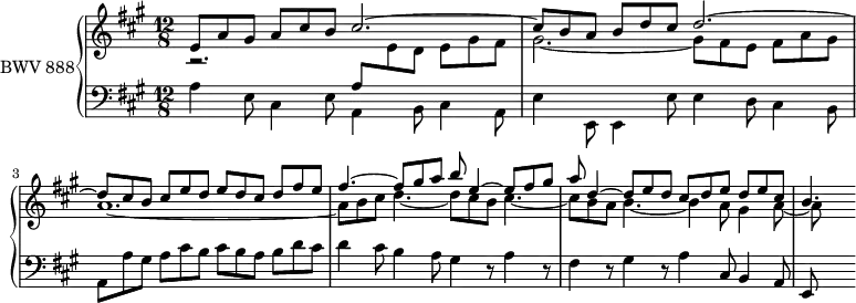 
\version "2.18.2"
\header {
  tagline = ##f
}

upper = \relative c' {
  \clef treble 
  \key a \major
  \time 12/8
  \tempo 4. = 72
  \set Staff.midiInstrument = #"harpsichord" 

   %% PRÉLUDE CBT II-19, BWV 888, la majeur
        << { e8 a gis a cis b cis2.~ | cis8 b a b d cis d2.~ d8 cis b cis e d e d cis d fis e fis4.~ fis8 gis a b e,4~ e8 fis gis a d,4~ d8 e d cis d e d e cis | b4. } \\ { r2. \stemUp \change Staff = "lower" a,8 \stemDown \change Staff = "upper" e' d e gis fis gis2.~ gis8 fis e fis a gis a1.~ a8 b cis d4.~ d8 cis b cis4.~ cis8 b a b4.~ b4 a8 gis4 a8~ a8 } >> 
   
}

lower = \relative c' {
  \clef bass 
  \key a \major
  \time 12/8
  \set Staff.midiInstrument = #"harpsichord" 
  
   \stemDown a4 e8 cis4 e8 a,4 b8 cis4 a8 e'4 e,8 e4 e'8 e4 d8 cis4 b8 a a' gis a cis b cis b a b d cis | d4 cis8 b4 a8 gis4 r8 a4 r8 fis4 r8 gis4 r8 a4 \stemUp cis,8 b4 a8 e
    
} 

\score {
  \new PianoStaff <<
    \set PianoStaff.instrumentName = #"BWV 888"
    \new Staff = "upper" \upper
    \new Staff = "lower" \lower
  >>
  \layout {
    \context {
      \Score
      \remove "Metronome_mark_engraver"
    }
  }
  \midi { }
}
