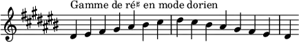  {
\override Score.TimeSignature #'stencil = ##f
\relative c' {
  \key dis \dorian
  \clef treble \time 7/4
  dis4^\markup { Gamme de ré♯ en mode dorien } eis fis gis ais bis cis dis cis bis ais gis fis eis dis
} }
