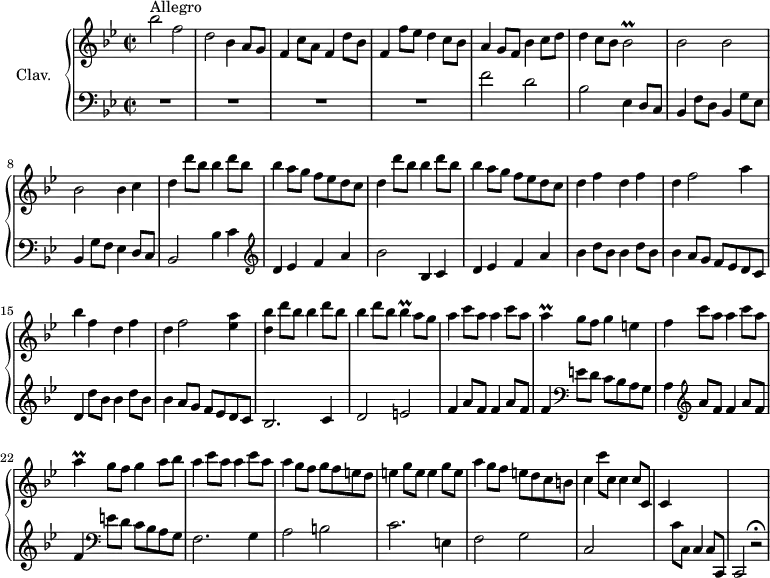 
\version "2.18.2"
\header {
  tagline = ##f
  % composer = "Domenico Scarlatti"
  % opus = "K. 360"
  % meter = "Allegro"
}

%% les petites notes
trillBesb     = { \tag #'print { bes2\prall } \tag #'midi { c32 bes c bes~ bes8~ bes4 } }
trillBes      = { \tag #'print { bes4\prall } \tag #'midi { c32 bes c bes~ bes8 } }
trillA        = { \tag #'print { a4\prall } \tag #'midi { bes32 a bes a~ a8 } }

upper = \relative c'' {
  \clef treble 
  \key bes \major
  \time 2/2
  \tempo 2 = 72
  \set Staff.midiInstrument = #"harpsichord"
  \override TupletBracket.bracket-visibility = ##f

      s8*0^\markup{Allegro}
      bes'2 f | d bes4 a8 g | f4 c'8 a f4 d'8 bes | f4 f'8 ees d4 c8 bes |
      % ms. 5
      a4 g8 f bes4 c8 d | d4 c8 bes \trillBesb | bes2 bes | bes bes4 c |
      % ms. 9
      \repeat unfold 2 { d4 \repeat unfold 2 { d'8 bes bes4 } a8 g f ees d c } |
      % ms. 13
      d4 f d f | d f2 a4 | bes f d f | d f2 < ees a >4
      % ms. 17
      < d bes' >4 \repeat unfold 2 { d'8 bes bes4 } d8 bes \trillBes a8 g | \repeat unfold 2 { a4 c8 a } \trillA g8 f g4 e |
      % ms. 21
      f4 c'8 a a4 c8 a | \trillA g8 f g4 a8 bes | \repeat unfold 2 { a4 c8 a } | a4 g8 f g f e d |
      % ms. 25
      \repeat unfold 2 { e4 g8 e } | a4 g8 f e d c b | c4 c'8 c, c4 c8 c, | c4 s2. | s1

}

lower = \relative c' {
  \clef bass
  \key bes \major
  \time 2/2
  \set Staff.midiInstrument = #"harpsichord"
  \override TupletBracket.bracket-visibility = ##f

    % ************************************** \appoggiatura a16  \repeat unfold 2 {  } \times 2/3 { }   \omit TupletNumber 
      R1*4 |
      % ms. 5
      f2 d | bes ees,4 d8 c | bes4 f'8 d bes4 g'8 ees | bes4 g'8 f ees4 d8 c |
      % ms. 9
      bes2  bes'4 c |   \clef treble  d ees f a | bes2 bes,4 c d ees f a |
      % ms. 13
      \repeat unfold 2 { bes4 d8 bes } | bes4 a8 g f ees d c | d4 \repeat unfold 2 { d'8 bes bes4 } a8 g f ees d c |
      % ms. 17
      bes2. c4 | d2 e | \repeat unfold 2 { f4 a8 f } f4  \clef bass e8 d c bes a g |
      % ms. 21
      a4  \clef treble  \repeat unfold 2 { a'8 f f4 }  \clef bass e8 d c bes a g | f2. g4 | a2 b |
      % ms. 25
      c2. e,4 | f2 g | c, s2 | s4 c'8 c, c4 c8 c, | c2 r2\fermata

}

thePianoStaff = \new PianoStaff <<
    \set PianoStaff.instrumentName = #"Clav."
    \new Staff = "upper" \upper
    \new Staff = "lower" \lower
  >>

\score {
  \keepWithTag #'print \thePianoStaff
  \layout {
      #(layout-set-staff-size 17)
    \context {
      \Score
     \override SpacingSpanner.common-shortest-duration = #(ly:make-moment 1/2)
      \remove "Metronome_mark_engraver"
    }
  }
}

\score {
  \keepWithTag #'midi \thePianoStaff
  \midi { }
}
