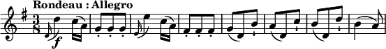 
\relative c' {
\version "2.18.2"
\key g \major
\time 3/8
\tempo "Rondeau : Allegro"
\tempo 4 = 130
\appoggiatura d16 d'4\f c16 (a) g8-. g-. g-. \appoggiatura e16 e'4 c16 (a) fis8-. fis-. fis-. g (d) b'-! a (d,) c'-! b (d,) d'-! b4 (a8) }
