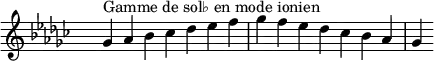 
\relative c'' { 
  \key ges \ionian
  \clef treble \time 7/4 \hide Staff.TimeSignature ges4^\markup { Gamme de sol♭ en mode ionien } aes bes ces des ees f ges f ees des ces bes aes ges
}
