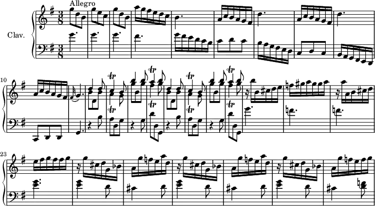 
\version "2.18.2"
\header {
  tagline = ##f
}

%% les petites notes
trillA         = { \tag #'print { a4\trill } \tag #'midi { b32 a b a~ a8 } }
trillC         = { \tag #'print { c4\trill } \tag #'midi { d32 c d c~ c8 } }
trillFis       = { \tag #'print { fis4\trill } \tag #'midi { g32 fis g fis~ fis8 } }

upper = \relative c'' {
  \clef treble 
  \key g \major
  \time 3/8
  \tempo 4. = 72
  \set Staff.midiInstrument = #"harpsichord"

      s8*0^\markup{Allegro}
      g'8 d b | g' e c | g' d b | a'16 g fis e d c | b4. | a16 c b a g fis |
      % ms. 7
      \repeat unfold 2 { d'4. | a16 c b a g fis } | \appoggiatura fis32   \tempo 4. = 45 g4. |   \tempo 4. = 72 \repeat unfold 2 { << { d'4 d8 | \trillC b8 | b'4 b8 | \trillA b8 } \\ { b,8 d, b' | \trillA g8 | g'8 b, g' | \trillFis g8 } >> } |
      % ms. 20
      r16 b16 b, cis d e | f gis a gis gis a | r16 a a, b cis d | e fis g fis fis g | r16 g16 cis, d g, bes |
      % ms. 25
      \repeat unfold 2 { a16 g' f e a d, | r16 g16 cis, d g, bes } | a16 g' f e f g |
      % ms. 30
      

}

lower = \relative c' {
  \clef bass
  \key g \major
  \time 3/8
  \set Staff.midiInstrument = #"harpsichord"

    % **************************************
      \repeat unfold 3 { g'4. } fis4. | g16 fis e d c b | c8 d c | 
      % ms. 7
      b16 a g fis e d | c8 d c | b16 a g fis e d | c8 d d | g4. | \repeat unfold 2 { r4 b'8 |
      % ms. 13
      a8 d, g | r4 g8 | d' d, g, } |
      % m. 20
      g''4. f f < e g >4. \repeat unfold 2 { q4 d8 |
      % ms. 25
      cis4 d8 } | < e g >4 d8 | cis4 < d f >8 |
      % ms. 30
      

}

thePianoStaff = \new PianoStaff <<
    \set PianoStaff.instrumentName = #"Clav."
    \new Staff = "upper" \upper
    \new Staff = "lower" \lower
  >>

\score {
  \keepWithTag #'print \thePianoStaff
  \layout {
      #(layout-set-staff-size 17)
    \context {
      \Score
     \override SpacingSpanner.common-shortest-duration = #(ly:make-moment 1/2)
      \remove "Metronome_mark_engraver"
    }
  }
}

\score {
  \keepWithTag #'midi \thePianoStaff
  \midi { }
}
