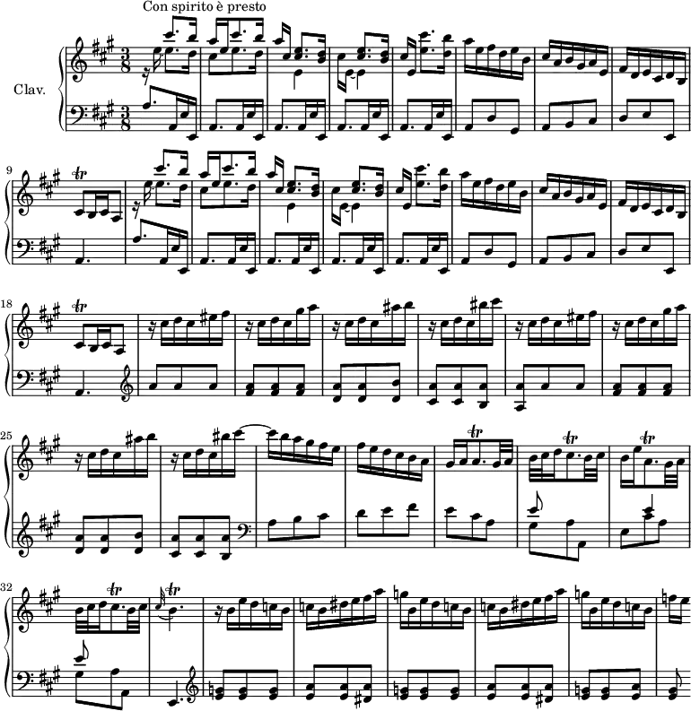 
\version "2.18.2"
\header {
  tagline = ##f
}

%% les petites notes
trillCisq       = { \tag #'print { cis8\trill } \tag #'midi { d32 cis d cis } }
trillCispAppo   = { \tag #'print { \appoggiatura cis32 b4.\trill } \tag #'midi { cis16 b16 cis32 b cis   \tempo 4. = 45 b~ b8   \tempo 4. = 68 } }
trillAqpDown    = { \tag #'print { a,8.\trill } \tag #'midi { b32 a b a~ a16 } }
trillAqp        = { \tag #'print { a8.\trill } \tag #'midi { b32 a b a~ a16 } }
trillCisqp      = { \tag #'print { cis8.\trill } \tag #'midi { d32 cis d cis~ cis16 } }

upper = \relative c'' {
  \clef treble 
  \key a \major
  \time 3/8
  \tempo 4. = 68
  \set Staff.midiInstrument = #"harpsichord"
  \override TupletBracket.bracket-visibility = ##f

    s8*0^\markup{Con spirito è presto}
    \repeat unfold 2 { 
    << { s8 cis'8. b16 | a e cis'8. b16 | a16 cis, < cis e >8.[ < b d >16] | s8 < cis e >8.[ < b d >16] } \\ {r16 e16~ e8.[ d16] | cis8 e8. d16 | s8 e,4 | cis'16 e,~ e4 } >> | cis'16 e, < e' cis' >8.[ < d b' >16]
     % ms. 6
     a'16 e fis d e b | cis a b gis a e | fis d e cis d b | \trillCisq b16 cis   \tempo 4. = 45 a8    \tempo 4. = 68 } | % fin de boucle
     % ms. 19
     \repeat unfold 2 { r16 cis'16 d cis eis fis | r16 cis16 d cis gis' a | r16 cis,16 d cis ais' b | r16 cis,16 d cis bis' cis~ } | % fin de boucle
     % ms. 27
     cis16 b a gis fis e | fis e d cis b a | gis a \trillAqp gis32 a |
     % ms. 30
     b32 cis d16 \trillCisqp b32 cis | b16 e \trillAqpDown gis32 a | b32 cis d16 \trillCisqp b32 cis | \trillCispAppo | r16 b16 e d c b |
     % ms. 35
     \repeat unfold 2 { c16b dis e fis a  | g b, e d c b } | f'16[ e]

}

lower = \relative c' {
  \clef bass
  \key a \major
  \time 3/8
  \set Staff.midiInstrument = #"harpsichord"

    % **************************************
         \repeat unfold 2 { a8. a,16 e' e, | \repeat unfold 4 { a8. a16 e' e, } | a8 d gis, | a b cis | d e e, | a4. }
      % ms. 19
        \clef treble a''8 a a | < fis a >8 q q | < d a' > q < d b' > | < cis a' > q < b a' > | < a a' > a' a |
      % ms. 24
      < fis a >8 q q | < d a' > q < d b' > | < cis a' > q < b a' > |   \clef bass a8 b cis | d e fis e cis a |
      % ms. 30
      << { e'8 s4. e 4 | e8 } \\ { gis, a a, | e' cis' a | gis a a, } >> | e4. |  \clef treble  \repeat unfold 2 { < e'' g >8 q q |
      % ms. 35
      < e a >8 q < dis a' > } | < e g >8 q < e a > | < e gis >

}

thePianoStaff = \new PianoStaff <<
    \set PianoStaff.instrumentName = #"Clav."
    \new Staff = "upper" \upper
    \new Staff = "lower" \lower
  >>

\score {
  \keepWithTag #'print \thePianoStaff
  \layout {
      #(layout-set-staff-size 17)
    \context {
      \Score
     \override SpacingSpanner.common-shortest-duration = #(ly:make-moment 1/2)
      \remove "Metronome_mark_engraver"
    }
  }
}

\score {
  \keepWithTag #'midi \thePianoStaff
  \midi { }
}
