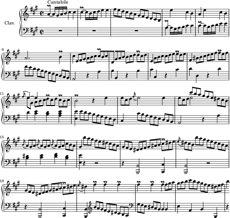 
\version "2.18.2"
\header {
  tagline = ##f
  % composer = "Domenico Scarlatti"
  % opus = "K. 536"
  % meter = "Cantabile"
}

%% les petites notes
trillA         = { \tag #'print { a4\prall~ } \tag #'midi { b32 a b a~ a8~ } }
trillCis       = { \tag #'print { cis4\prall~ } \tag #'midi { d32 cis d cis~ cis8~ } }
trillB         = { \tag #'print { b4\prall } \tag #'midi { cis32 b cis b~ b8 } }
trillCisq      = { \tag #'print { cis8\prall[ } \tag #'midi { d32 cis d cis } }
trillDq        = { \tag #'print { d8\prall } \tag #'midi { e32 d e d } }
trillEq        = { \tag #'print { e8\prall } \tag #'midi { fis32 e fis e } }
trillFisq      = { \tag #'print { fis8\prall } \tag #'midi { gis32 fis gis fis } }
trillBb        = { \tag #'print { b2\prall } \tag #'midi { cis32 b cis b~ b8~ b4 } }
trillFis       = { \tag #'print { fis4\prall } \tag #'midi { gis32 fis gis fis~ fis8 } }
trillCisDisq   = { \tag #'print { cis8\prall[ } \tag #'midi { dis32 cis dis cis } }

upper = \relative c'' {
  \clef treble 
  \key a \major
  \time 2/2
  \tempo 2 = 66
  \set Staff.midiInstrument = #"harpsichord"
  \override TupletBracket.bracket-visibility = ##f

      s8*0^\markup{Cantabile}
      \trillA a16 gis a b cis4 cis \trillCis cis16 b cis d e4 e | 
      \omit TupletNumber \times 2/3 { fis8 e d } \times 2/3 { cis8[ b a] } \times 2/3 { gis8 fis e } \times 2/3 { d8[ cis b] } |
      % ms. 4
      s4 e'4 cis b | a e' cis b | a2. \trillB | cis4 \times 2/3 { e,8 fis gis } \times 2/3 { a8[ b cis] } \times 2/3 { \trillCisq b8 cis }
      % ms. 8
      d,4 \times 2/3 { gis8[ a b] } \times 2/3 { b8[ cis d] } \times 2/3 { \trillDq cis8 d } | e,4 \times 2/3 { a8[ b cis] } \times 2/3 { cis8[ d e] } \times 2/3 { \trillEq d8 e } | fis,4  \times 2/3 { ais8 b cis } \times 2/3 { d8[ e fis] } \times 2/3 { \trillFisq e8 fis } |
      % ms. 11
      << { \acciaccatura fis8 \stemUp e4~ e } \\ { e8 gis, \omit TupletNumber \times 2/3 { a8[ b cis] } } >> \times 2/3 { \trillDq cis d } \times 2/3 { \trillCisq b8 cis] } | \trillBb r4 e4 | \times 2/3 { e8[ cis d] } \acciaccatura fis8 e2 e4 |
      % ms. 14
      \times 2/3 { e8[ cis d] } << { \omit TupletNumber \times 2/3 { cis' b a } \times 2/3 { gis8[ fis e] } } \\ { e2 } >> \times 2/3 { dis8 cis b } | \repeat unfold 3 { \times 2/3 { \acciaccatura b8 a8[ gis a] } } \times 2/3 { cis8[ b a] } | gis4 \times 2/3 { b'8[ a gis] } \times 2/3 { fis8 e dis } \times 2/3 { cis8[ b a] }
      % ms. 17
      \times 2/3 { gis8 fis e } \times 2/3 { dis8[ e fis] } \times 2/3 { gis8 ais b } \times 2/3 { \trillCisDisq dis e] } |
      \times 2/3 { \acciaccatura e8 dis8 cis b } \times 2/3 { b'8[ a gis] } \times 2/3 { fis8 e dis } \times 2/3 { cis8[ b a] } |
      \times 2/3 { gis8 fis e } \times 2/3 { dis8[ e fis] } \times 2/3 { gis8 ais b } \times 2/3 { \trillCisDisq dis e] } |
      % ms. 20
      \acciaccatura e8 dis4 \repeat unfold 6 { \trillFis } \times 2/3 { fis8 gis a } | \times 2/3 { gis8[ a b] } \times 2/3 { cis8 b a } \times 2/3 { gis8[ fis e] }  \times 2/3 { dis8[ e fis] } |
      % ms. 23
      b4

}

lower = \relative c' {
  \clef bass
  \key a \major
  \time 2/2
  \set Staff.midiInstrument = #"harpsichord"
  \override TupletBracket.bracket-visibility = ##f

    % ************************************** \appoggiatura a16  \repeat unfold 2 {  } \times 2/3 { }   \omit TupletNumber 
      R1*3 |
      % ms. 4
      << { \trillA } \\ { a4^~ a16 gis a b cis4 cis } >> \trillCis cis16 b cis d e4 e |  \omit TupletNumber \times 2/3 { fis8 e d } \times 2/3 { cis8[ b a] } \times 2/3 { gis8 fis e } \times 2/3 { d8[ cis b] } | a2 r4 a'4 |  
      % ms. 8
      b4 b, r4 b' | cis cis, r4 cis'4 d d, r4 d'4 | 
      % ms. 11
      d4 < cis e >4 < b d > < a cis e > | < e e' > \times 2/3 { e'8 d cis } | \times 2/3 { b8[ a gis] } \times 2/3 { fis8 e d } | cis4 \times 2/3 { cis'8 b a } | \times 2/3 { gis8[ fis e] } \times 2/3 { d8 cis b }
      % ms. 14
      a2 r4 a'4 | < b dis >4 < cis e > < dis fis > < b dis > | < e, e' > r4 r2 |
      % ms. 17
      r4 < b, b' >2 < cis cis' >4 | < b b' >2 r2 | r4 < b b' >2 < cis cis' >4 |
      % ms. 20
      < b b' >4   \clef treble \times 2/3 { b'''8 a gis } \times 2/3 { fis8[ e dis] } \times 2/3 { cis8 b a } |   \clef bass \times 2/3 { gis8[ fis e] } \times 2/3 { dis8 cis b } b4 b | e a, b b, 
      % ms. 23
      r4 

}

thePianoStaff = \new PianoStaff <<
    \set PianoStaff.instrumentName = #"Clav."
    \new Staff = "upper" \upper
    \new Staff = "lower" \lower
  >>

\score {
  \keepWithTag #'print \thePianoStaff
  \layout {
      #(layout-set-staff-size 17)
    \context {
      \Score
     \override SpacingSpanner.common-shortest-duration = #(ly:make-moment 1/2)
      \remove "Metronome_mark_engraver"
    }
  }
}

\score {
  \keepWithTag #'midi \thePianoStaff
  \midi { }
}
