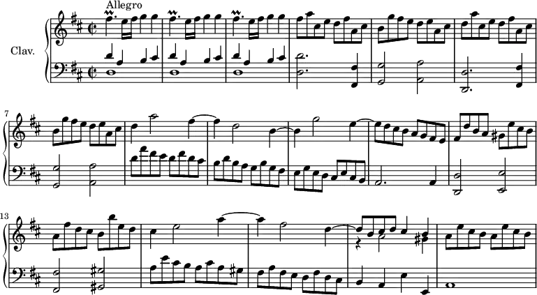 
\version "2.18.2"
\header {
  tagline = ##f
  % composer = "Domenico Scarlatti"
  % opus = "K. 511"
  % meter = "Allegro"
}

%% les petites notes
trillFisp     = { \tag #'print { fis4.\prall } \tag #'midi { g32 fis g fis~ fis4 } }

upper = \relative c'' {
  \clef treble 
  \key d \major
  \time 2/2
  \tempo 2 = 92
  \set Staff.midiInstrument = #"harpsichord"
  \override TupletBracket.bracket-visibility = ##f

      s8*0^\markup{Allegro}
      \repeat unfold 3 { \trillFisp e16 fis g4 g } | fis8 a cis, e d fis a, cis |
      % ms. 5
      b8 g' fis e d e a, cis | d a' cis, e d fis a, cis | b g' fis e d e a, cis | d4 a'2 fis4~ |  fis d2 b4~ |
      % ms. 10
      b4 g'2 e4~ | e8 d cis b a g fis e  | fis d' b a gis e' cis b | a fis' d cis b b' e, d |
      % ms. 14
      cis4 e2 a4~ | a fis2 << { \stemDown d4~ \stemUp | d8 b cis d cis4 b } \\ { s4 r4 a2 gis4 } >> | a8 e' cis b a e' cis b |
      % ms. 18
      
}

lower = \relative c' {
  \clef bass
  \key d \major
  \time 2/2
  \set Staff.midiInstrument = #"harpsichord"
  \override TupletBracket.bracket-visibility = ##f

    % ************************************** \appoggiatura a16  \repeat unfold 2 {  } \times 2/3 { }   \omit TupletNumber 
      \repeat unfold 3 { << { d4 a b cis } \\ { d,1 } >> } | < d d' >2. < fis, fis' >4
      % ms. 5
      < g g' >2 < a a' > | < d, d' >2. < fis fis' >4 | < g g' >2 < a a' > | d'8 a' fis e d fis d cis | b d b a g b g fis |
      % ms. 10
      e8 g e d cis e cis b | a2. a4 | < d, d' >2 < e e' > | < fis fis' > < gis gis' >
      % ms. 14
      a'8 e' cis b a cis a gis | fis a fis e d fis d cis | b4 a e' e, | a1 |
      % ms. 18
      

}

thePianoStaff = \new PianoStaff <<
    \set PianoStaff.instrumentName = #"Clav."
    \new Staff = "upper" \upper
    \new Staff = "lower" \lower
  >>

\score {
  \keepWithTag #'print \thePianoStaff
  \layout {
      #(layout-set-staff-size 17)
    \context {
      \Score
     \override SpacingSpanner.common-shortest-duration = #(ly:make-moment 1/2)
      \remove "Metronome_mark_engraver"
    }
  }
}

\score {
  \keepWithTag #'midi \thePianoStaff
  \midi { }
}
